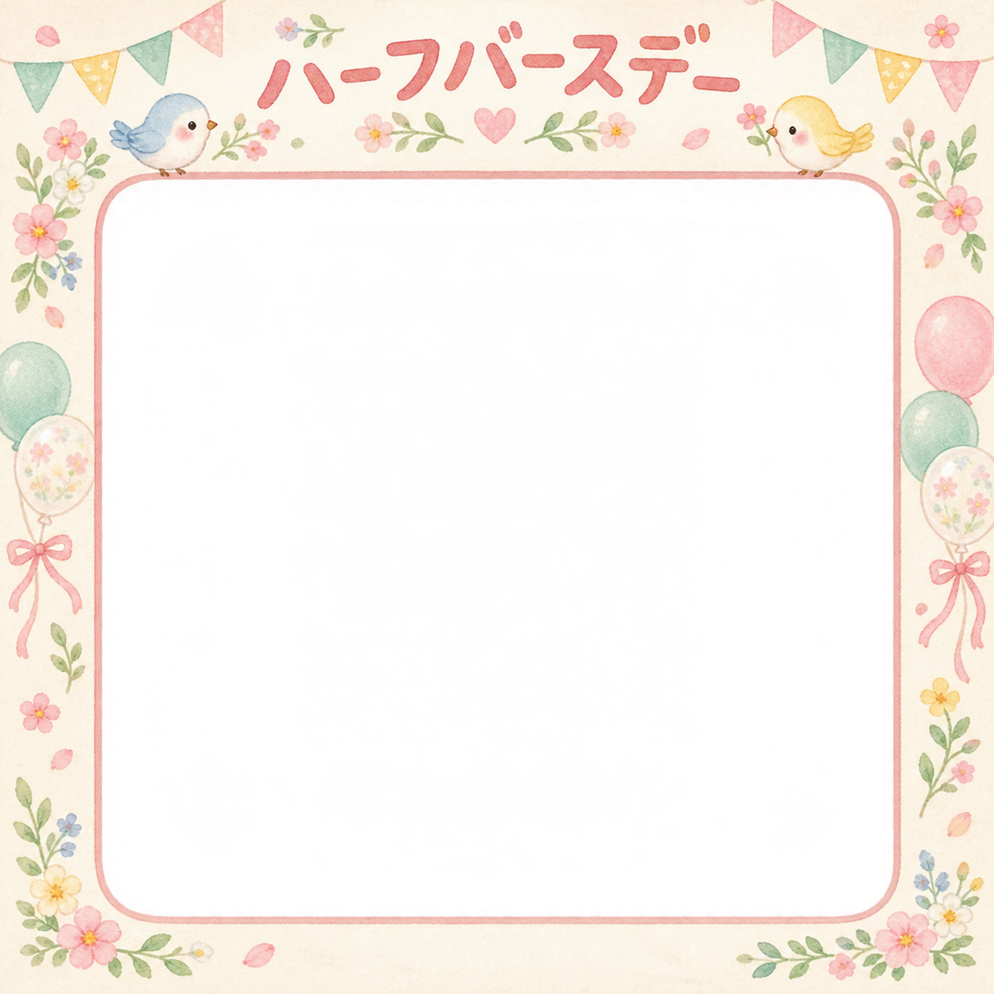 ハーフバースデー写真フレーム｜小花と小鳥・花と風船の無料イラスト 100917に写真・文字を入れる