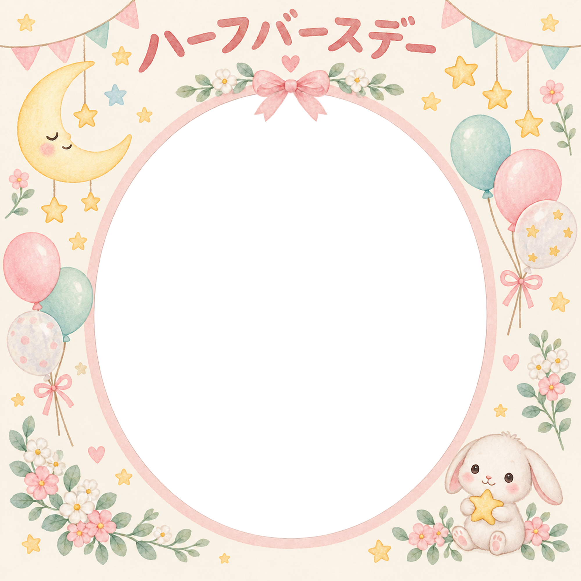 ハーフバースデー写真フレーム｜月と星の飾り・花と風船の無料イラスト 100918に写真・文字を入れる