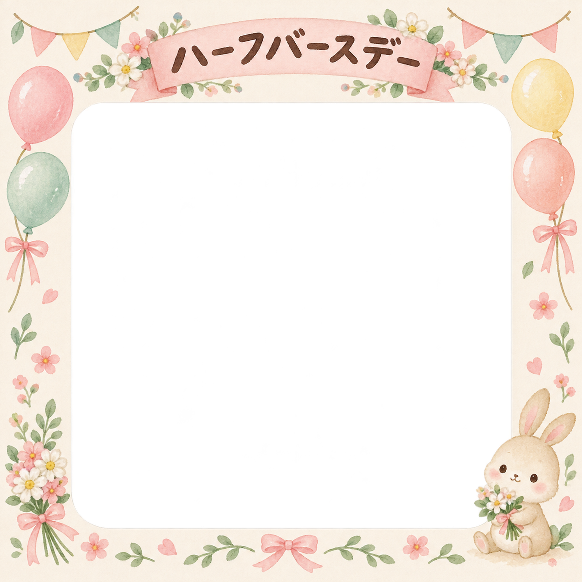ハーフバースデー写真フレーム｜花のガーランド・花と風船の無料イラスト 100919に写真・文字を入れる