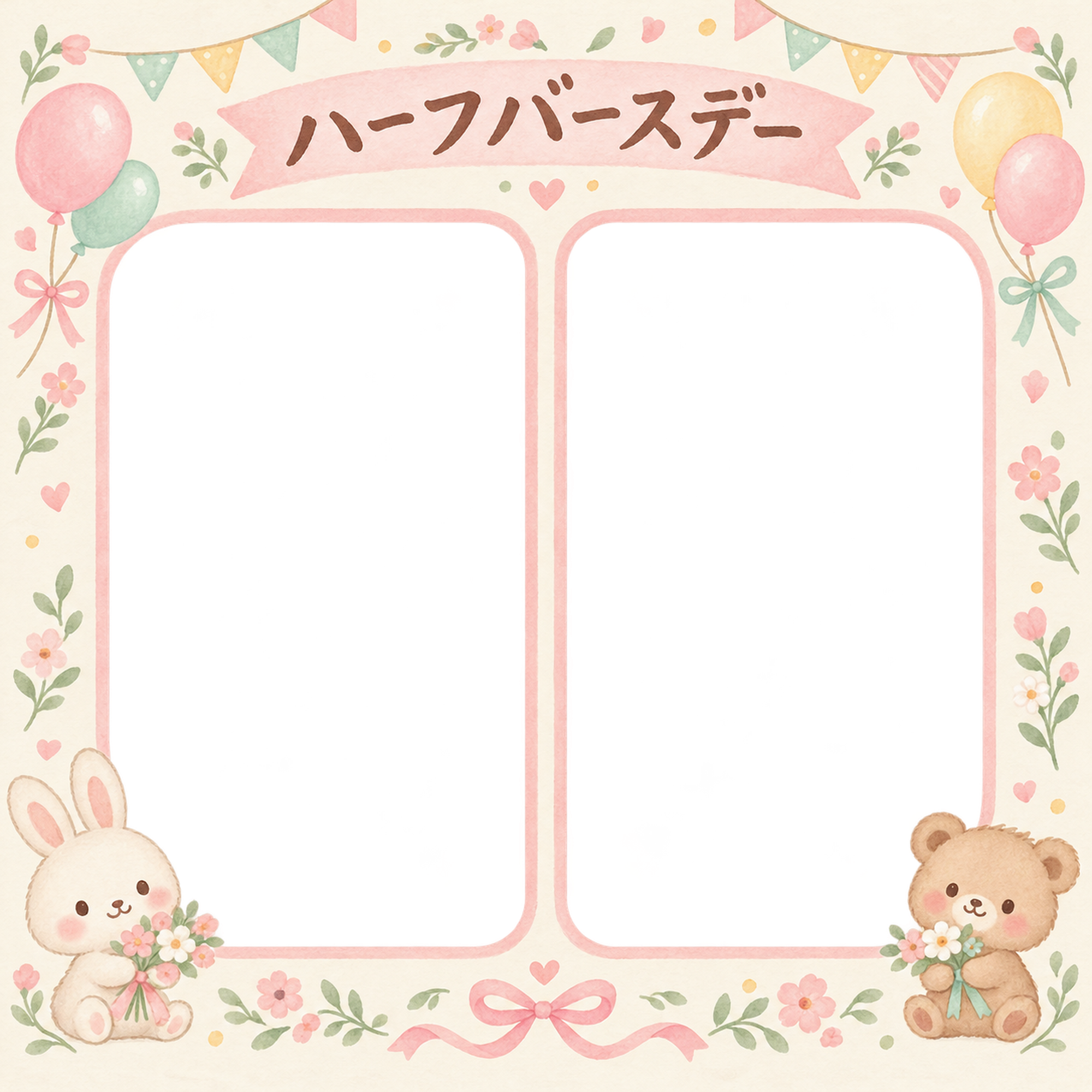 ハーフバースデー写真フレーム｜ふたつの思い出・花と風船の無料イラスト 100920に写真・文字を入れる