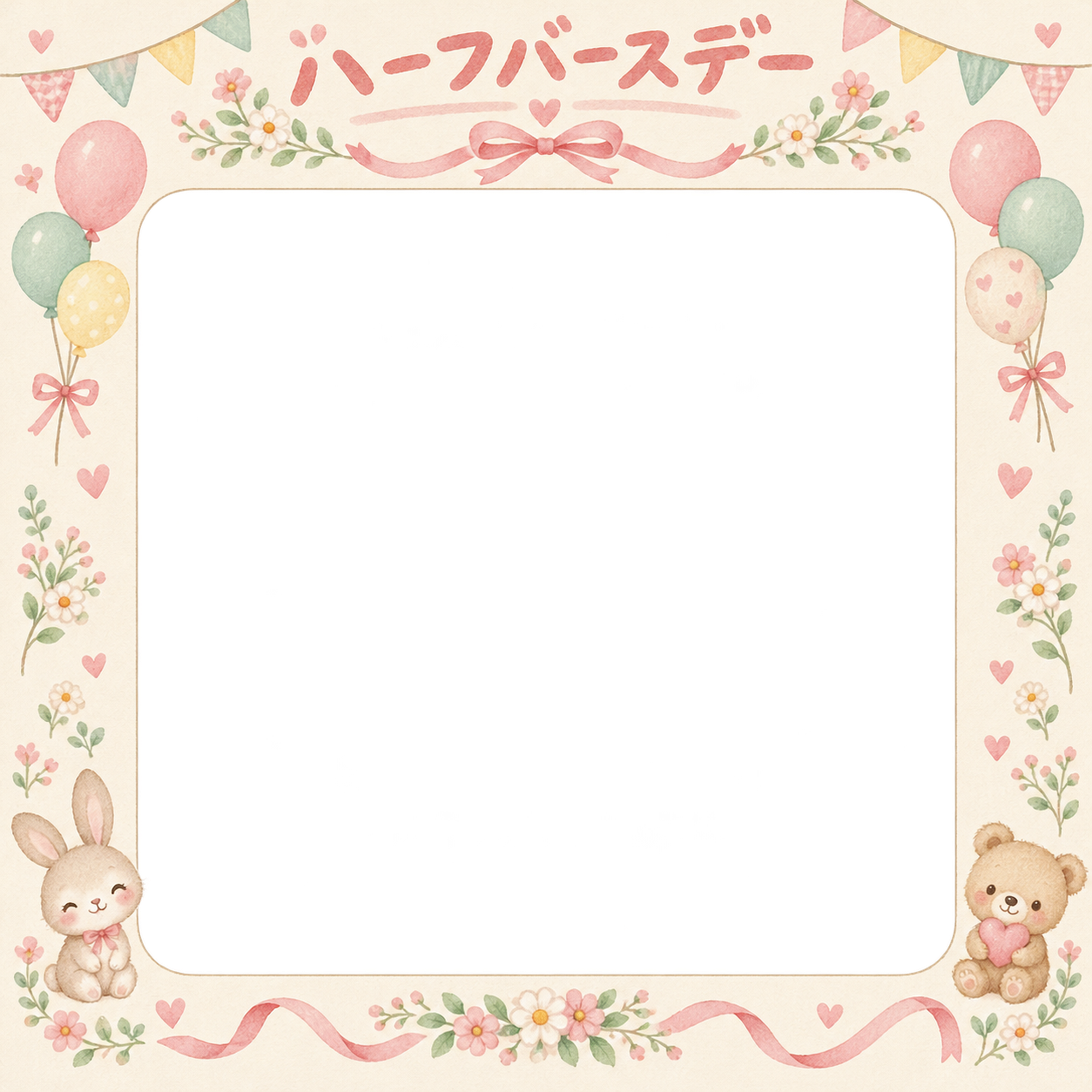 ハーフバースデー写真フレーム｜リボンとお祝い飾り・花と風船の無料イラスト 100922に写真・文字を入れる
