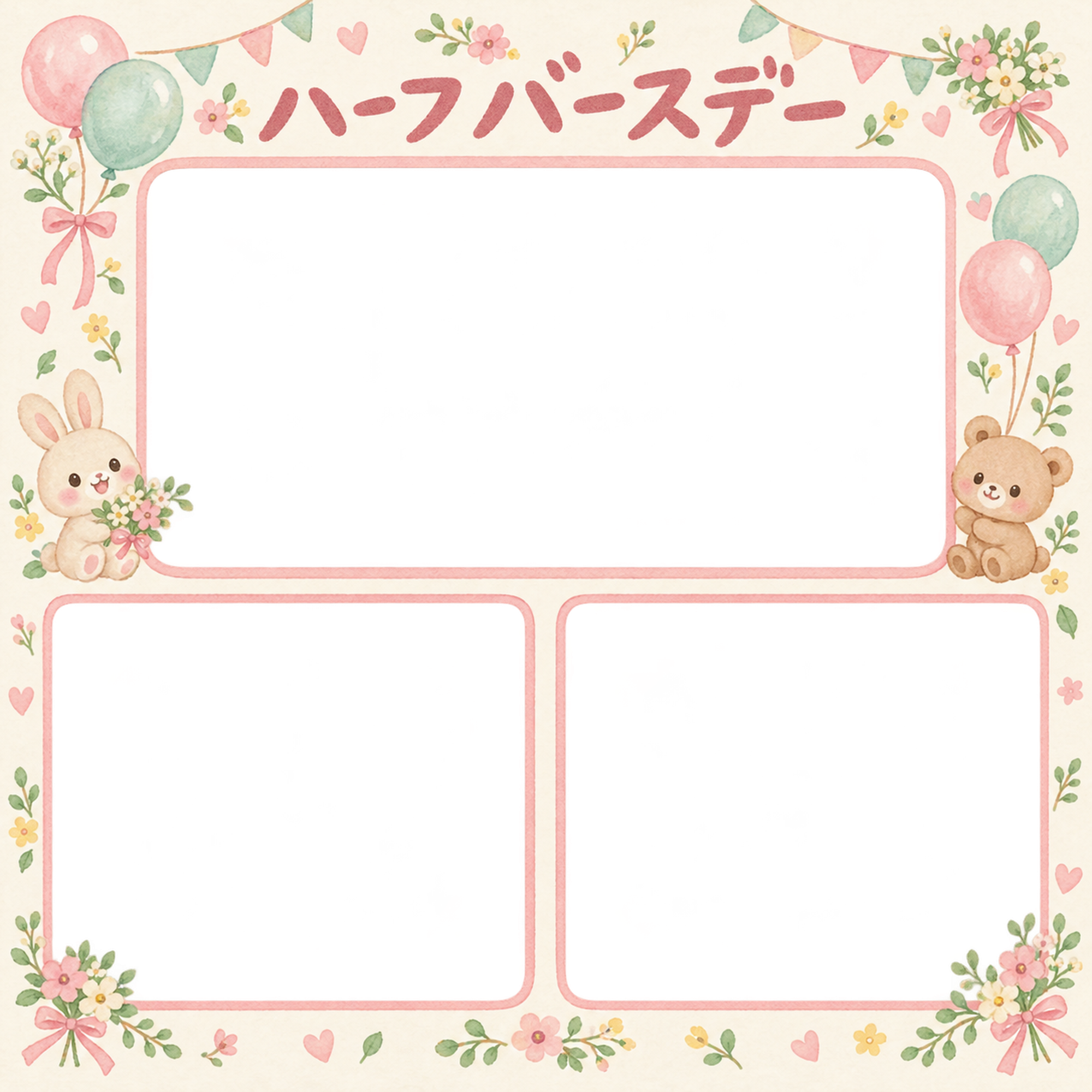 ハーフバースデー写真フレーム｜家族の思い出・花と風船の無料イラスト 100923に写真・文字を入れる