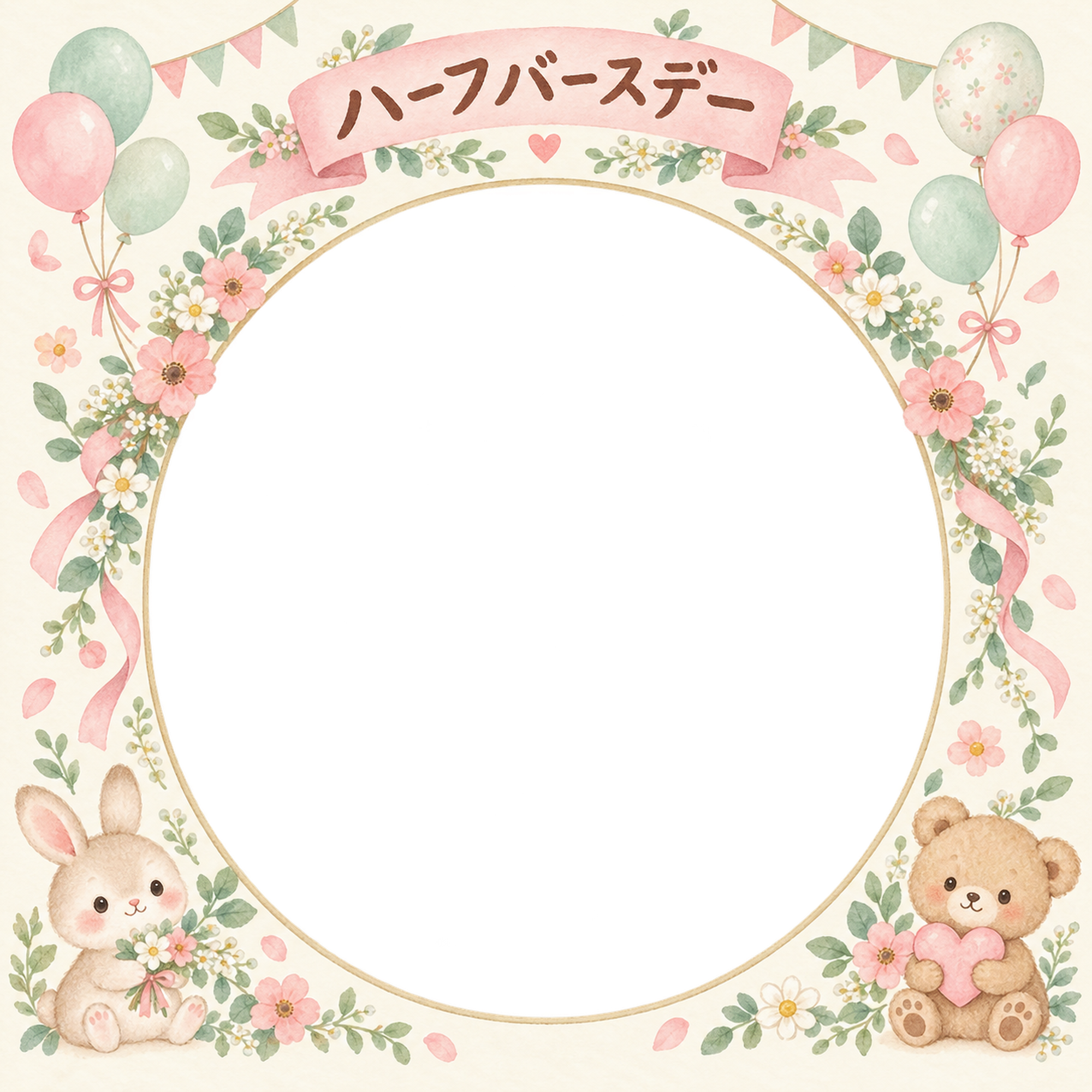 ハーフバースデー写真フレーム｜花のアーチ・花と風船の無料イラスト 100924に写真・文字を入れる