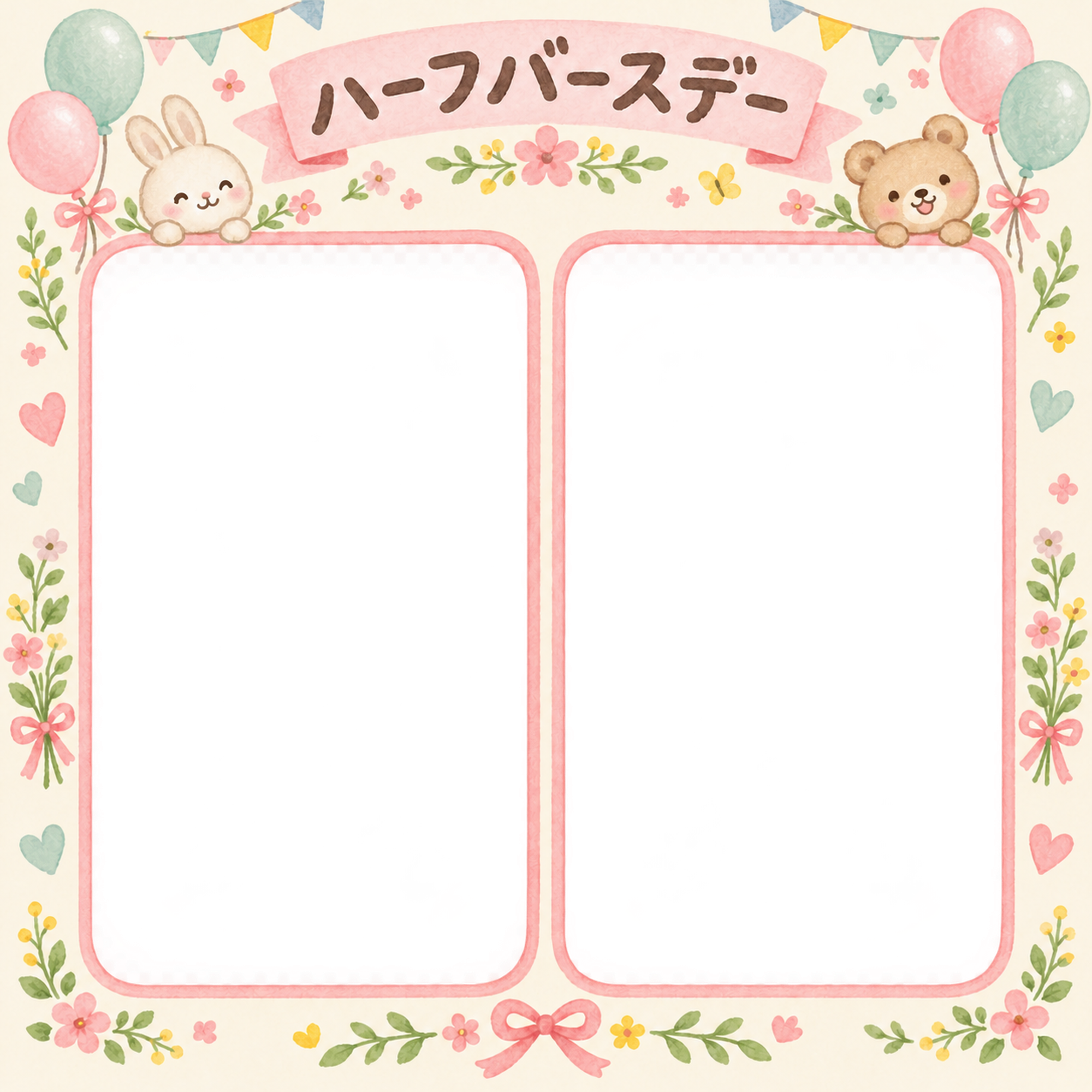 ハーフバースデー写真フレーム｜並んだ記念写真・花と風船の無料イラスト 100926に写真・文字を入れる