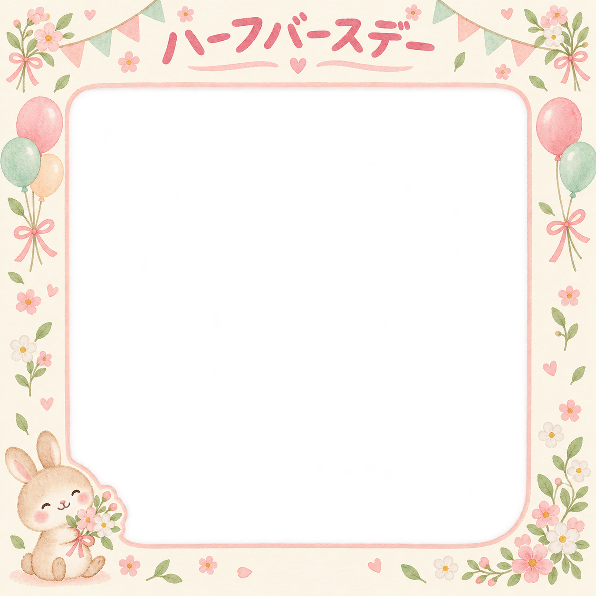 ハーフバースデー写真フレーム｜小花の花輪・花と風船の無料イラスト 100927に写真・文字を入れる
