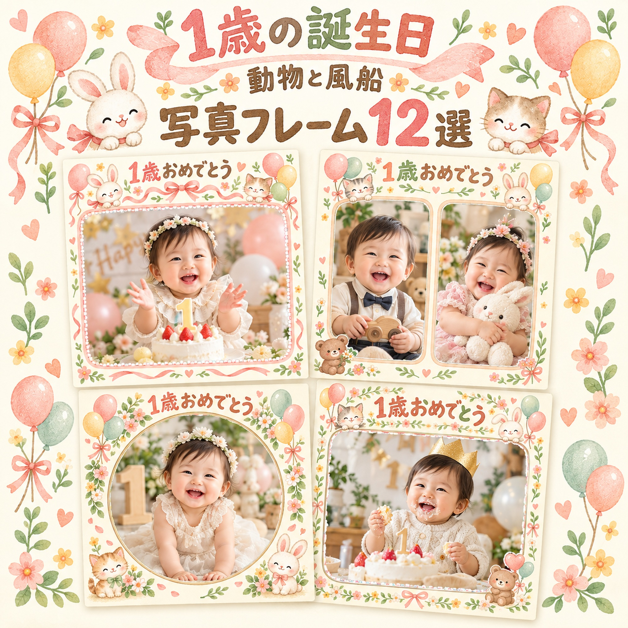1歳の誕生日写真フレーム12選｜動物と風船の無料イラスト素材 100928に写真・文字を入れる