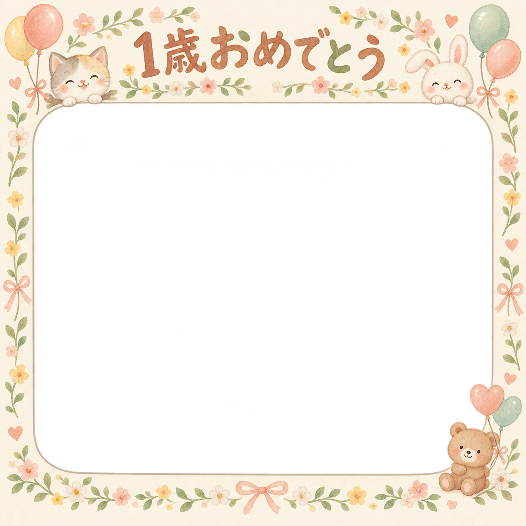 1歳の誕生日写真フレーム｜小花の花輪・動物と風船の無料イラスト 100940に写真・文字を入れる