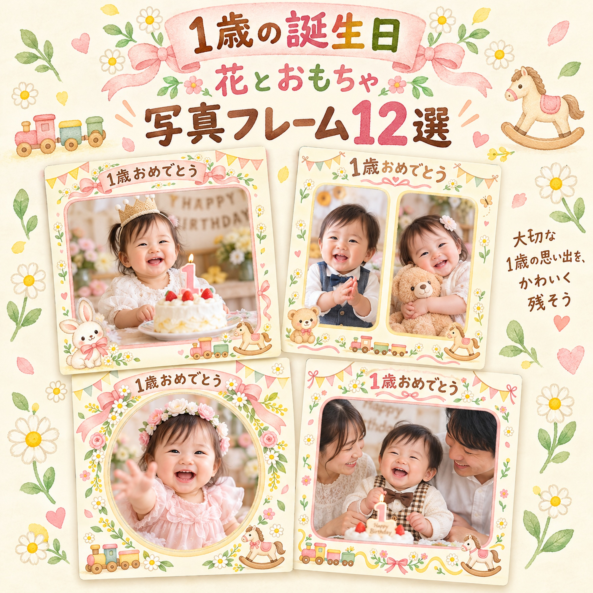 1歳の誕生日写真フレーム12選｜花とおもちゃの無料イラスト素材 100941に写真・文字を入れる