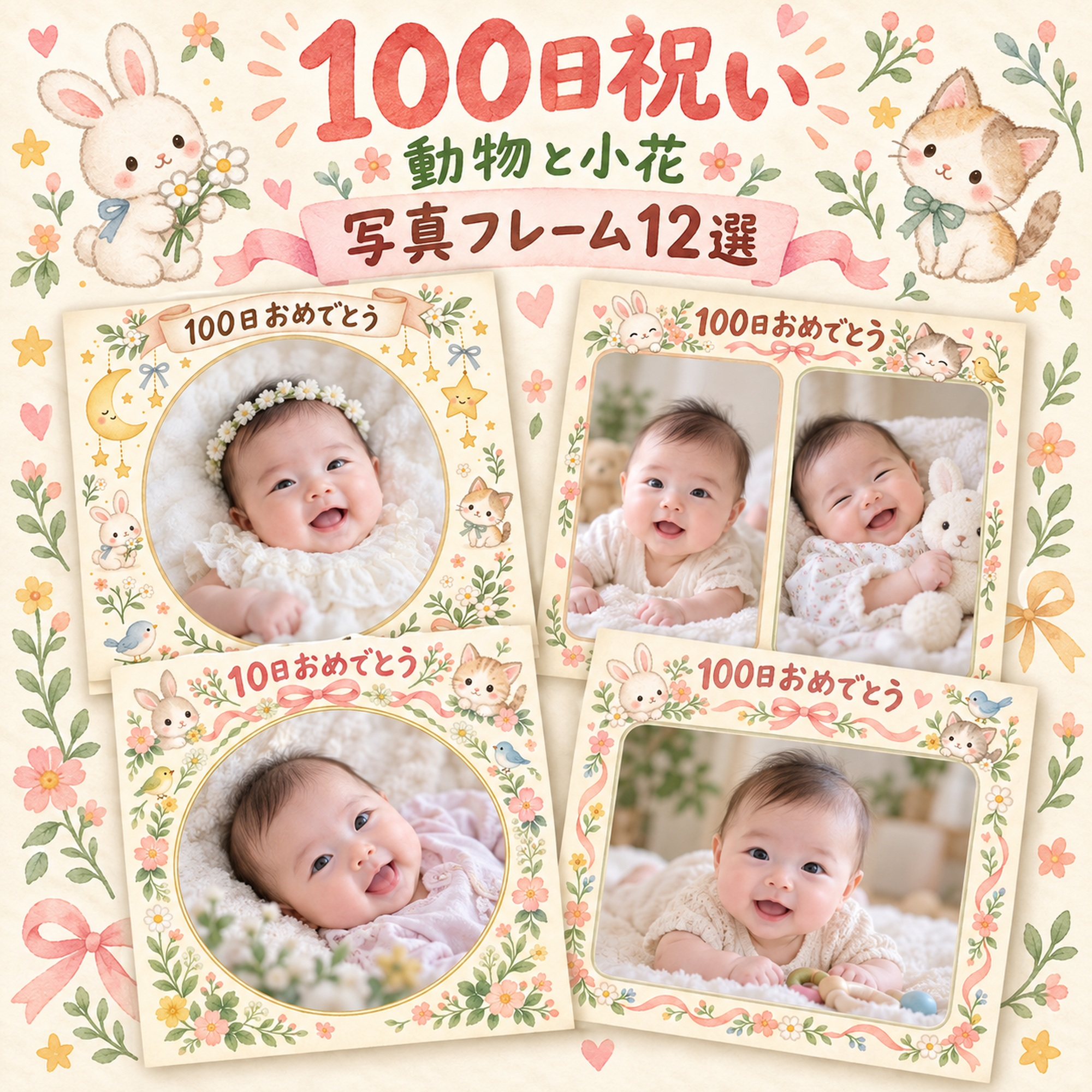 100日祝い写真フレーム12選｜動物と小花の無料イラスト素材 100967に写真・文字を入れる