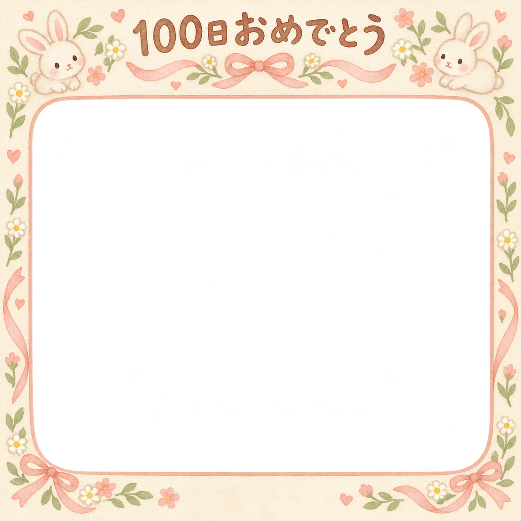 100日祝い写真フレーム｜うさぎとリボン・動物と小花の無料イラスト 100968に写真・文字を入れる