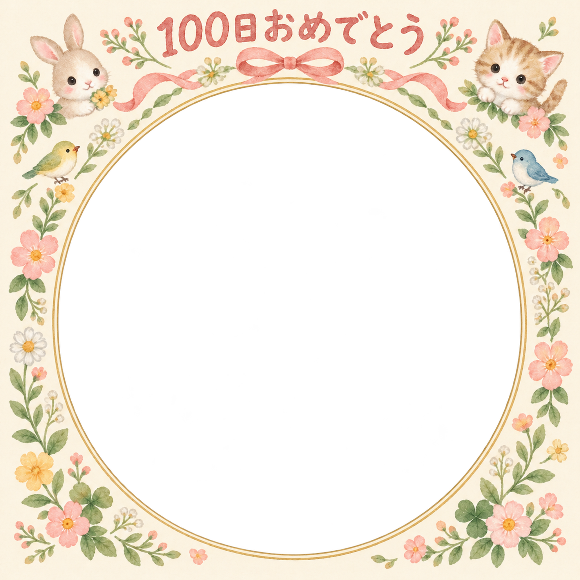 100日祝い写真フレーム｜花のアーチ・動物と小花の無料イラスト 100976に写真・文字を入れる