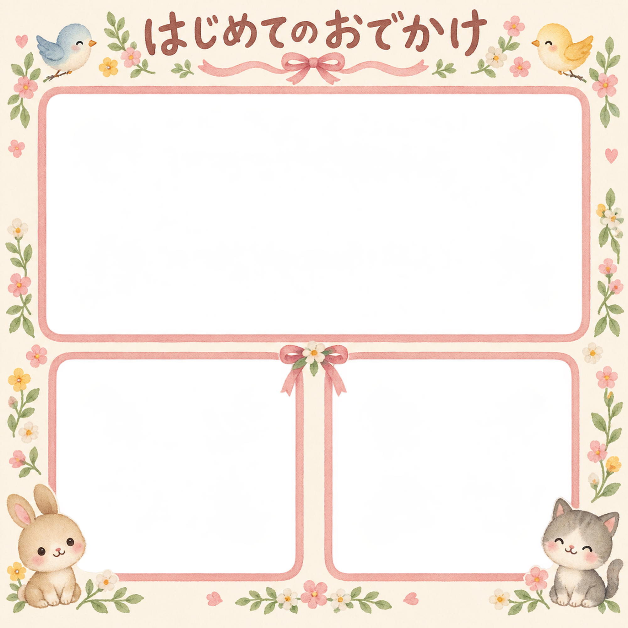 赤ちゃんのはじめて記念日写真フレーム｜はじめてのおでかけ・小花とリボンの無料イラスト 101001に写真・文字を入れる