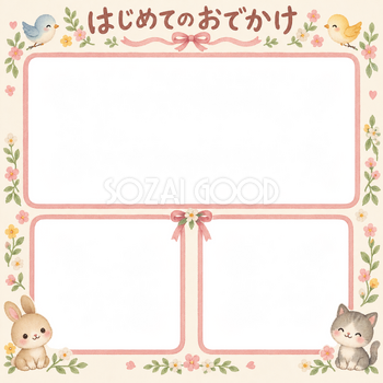 赤ちゃんのはじめて記念日写真フレーム｜はじめてのおでかけ・小花とリボンの無料イラスト 101001