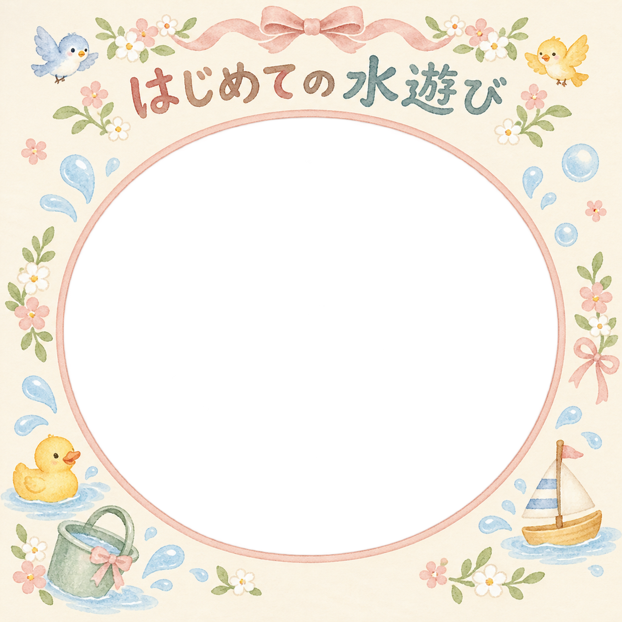 赤ちゃんのはじめて記念日写真フレーム｜はじめての水遊び・小花とリボンの無料イラスト 101002に写真・文字を入れる