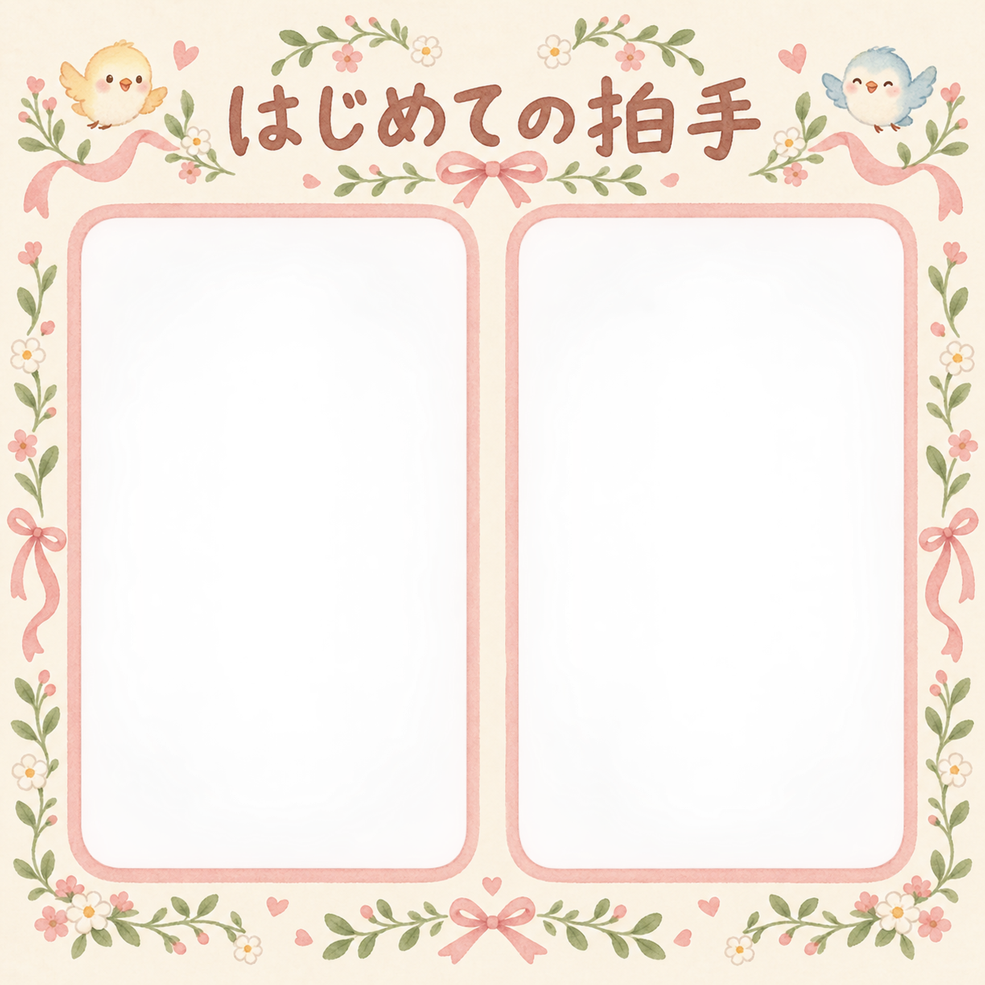赤ちゃんのはじめて記念日写真フレーム｜はじめての拍手・小花とリボンの無料イラスト 101004に写真・文字を入れる