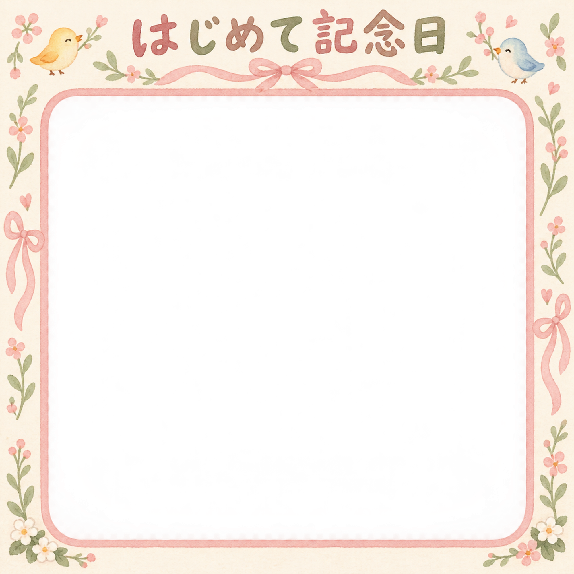 赤ちゃんのはじめて記念日写真フレーム｜はじめて記念日・小花とリボンの無料イラスト 101005に写真・文字を入れる