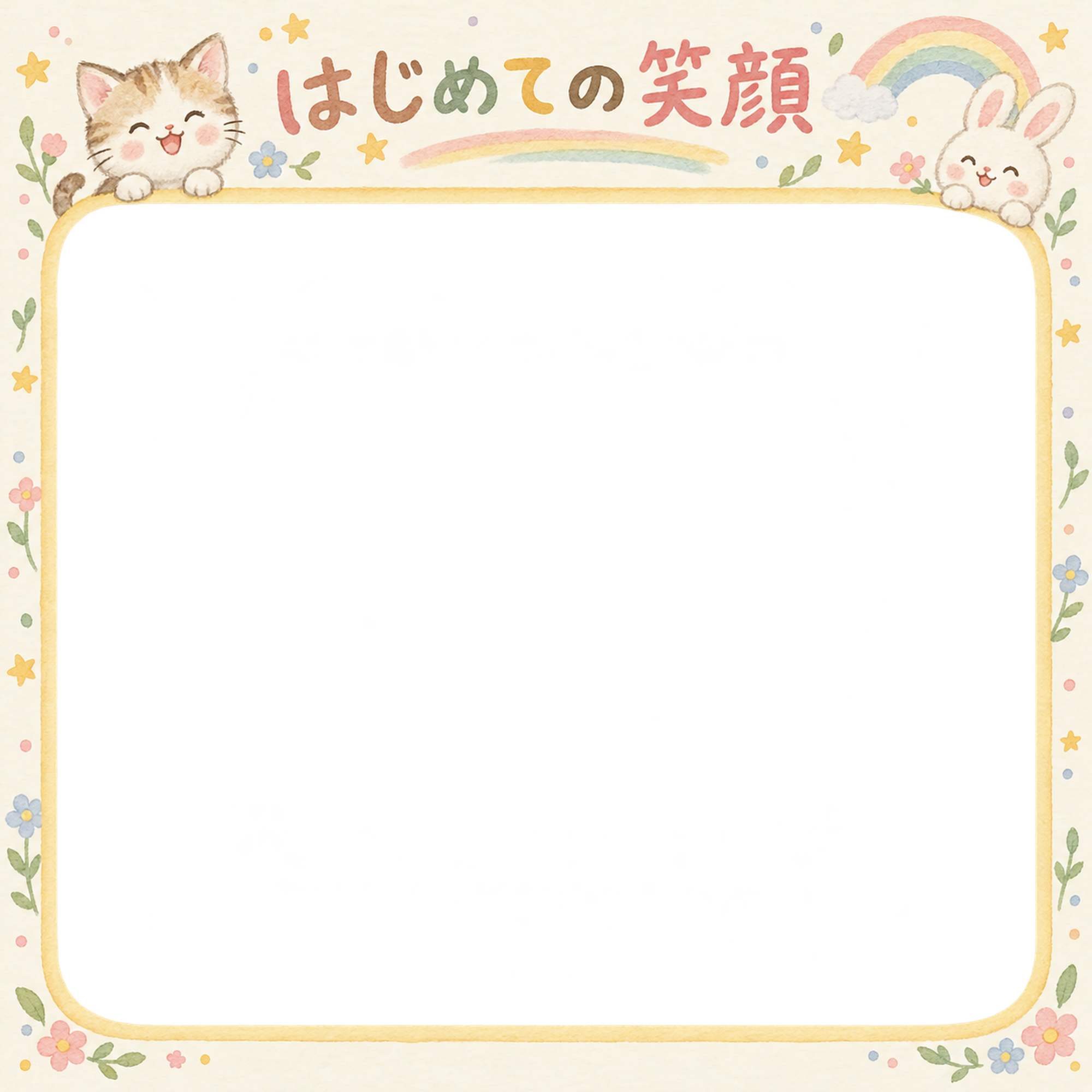 赤ちゃんのはじめて記念日写真フレーム｜はじめての笑顔・動物と虹の無料イラスト 101007に写真・文字を入れる