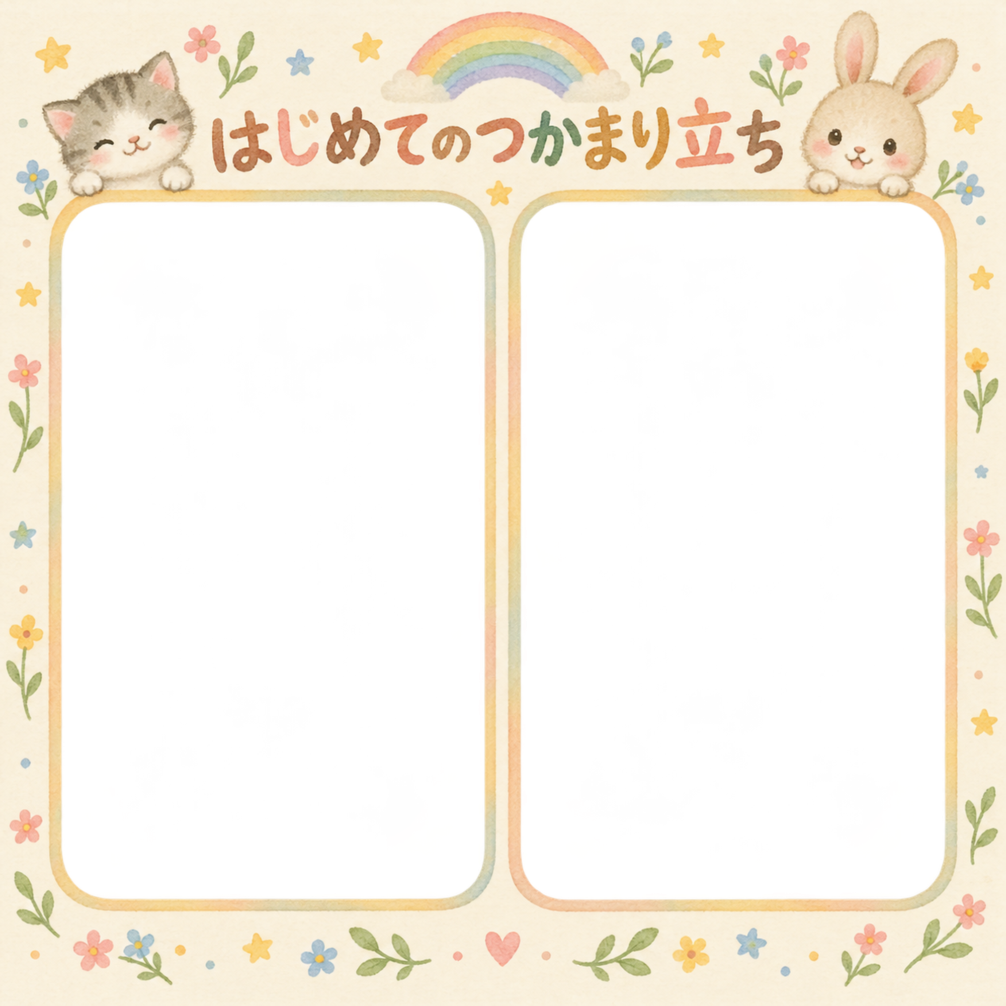 赤ちゃんのはじめて記念日写真フレーム｜はじめてのつかまり立ち・動物と虹の無料イラスト 101011に写真・文字を入れる