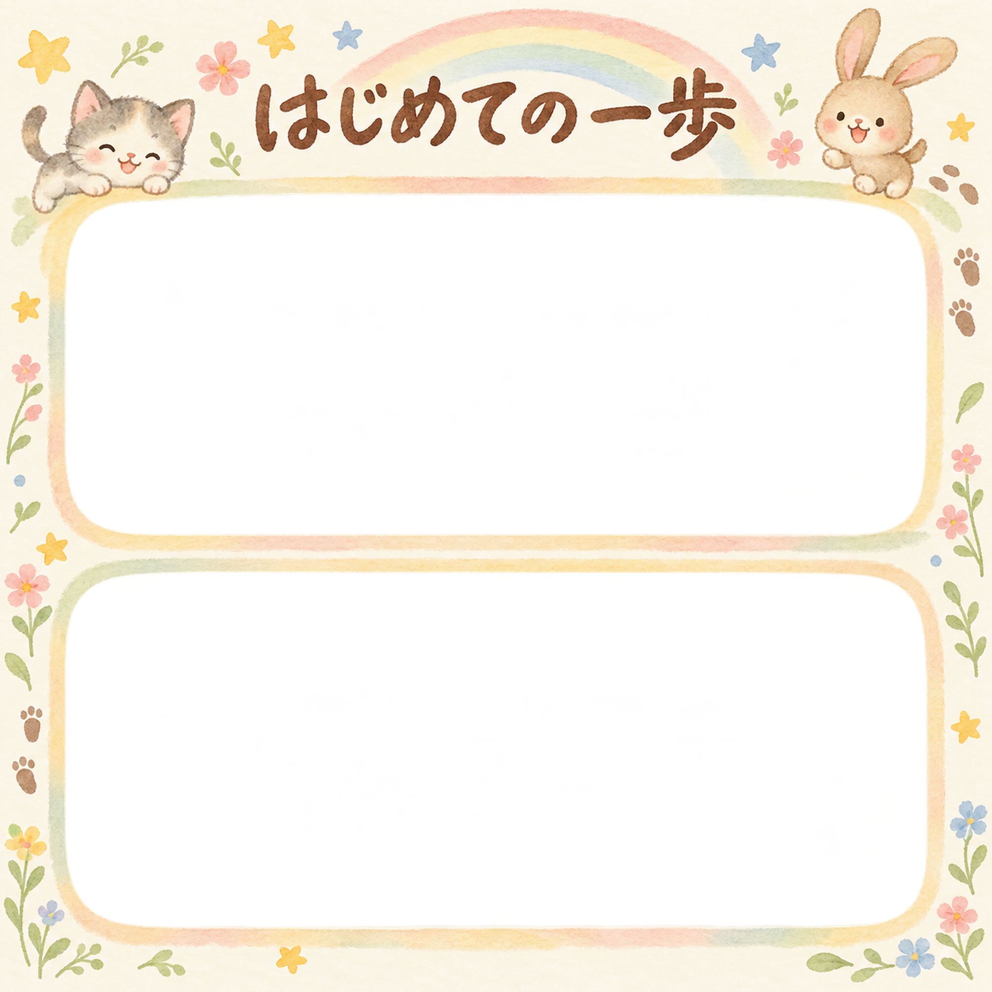 赤ちゃんのはじめて記念日写真フレーム｜はじめての一歩・動物と虹の無料イラスト 101012に写真・文字を入れる