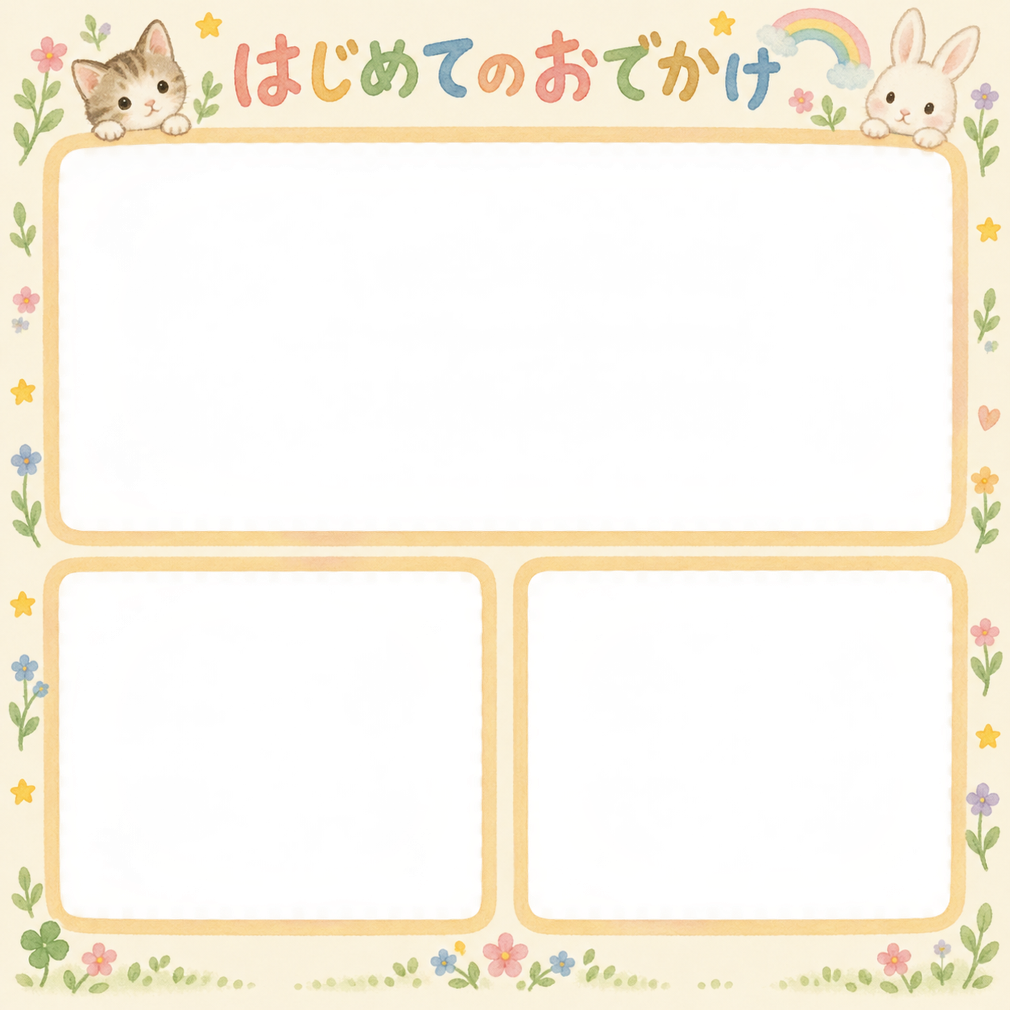 赤ちゃんのはじめて記念日写真フレーム｜はじめてのおでかけ・動物と虹の無料イラスト 101014に写真・文字を入れる