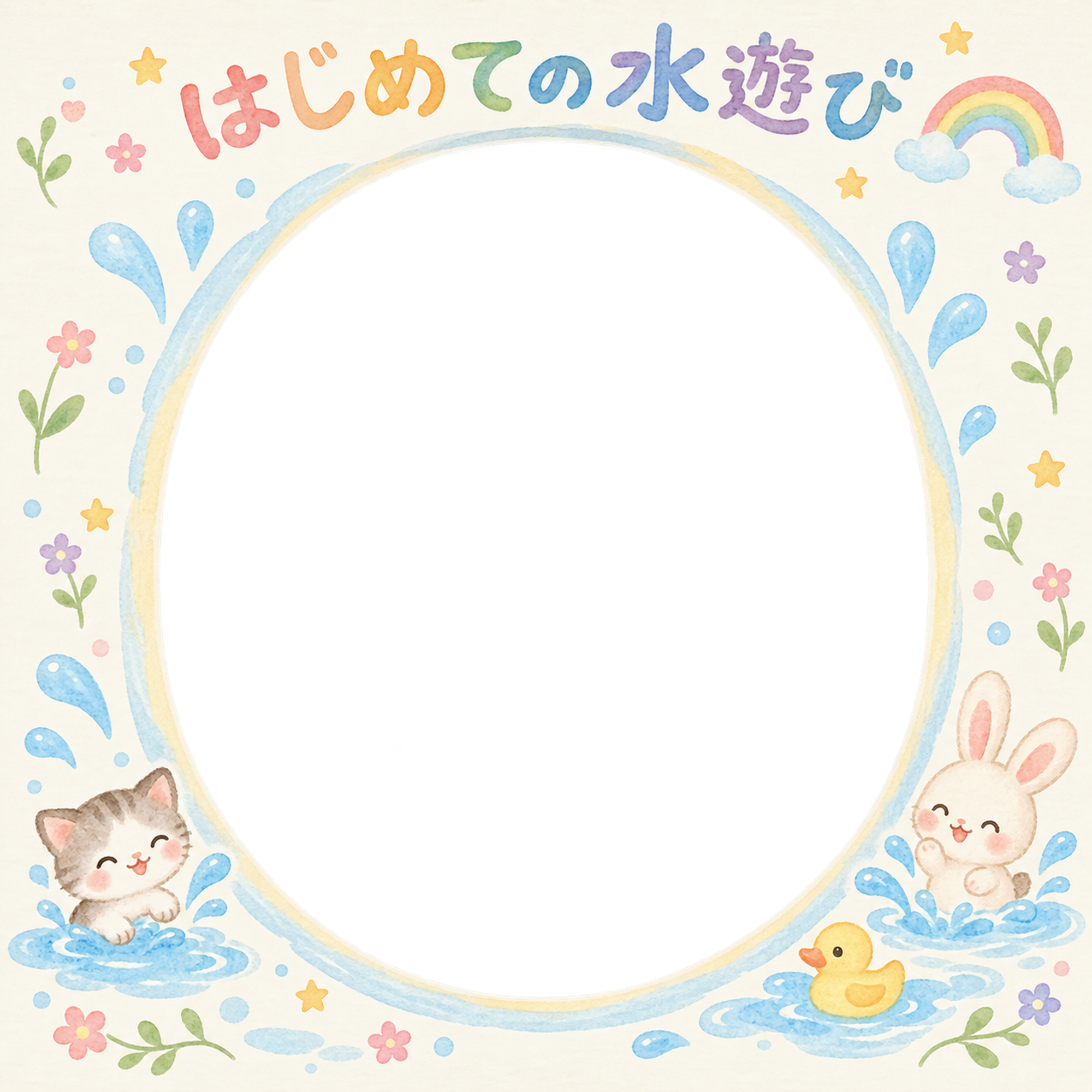 赤ちゃんのはじめて記念日写真フレーム｜はじめての水遊び・動物と虹の無料イラスト 101015に写真・文字を入れる