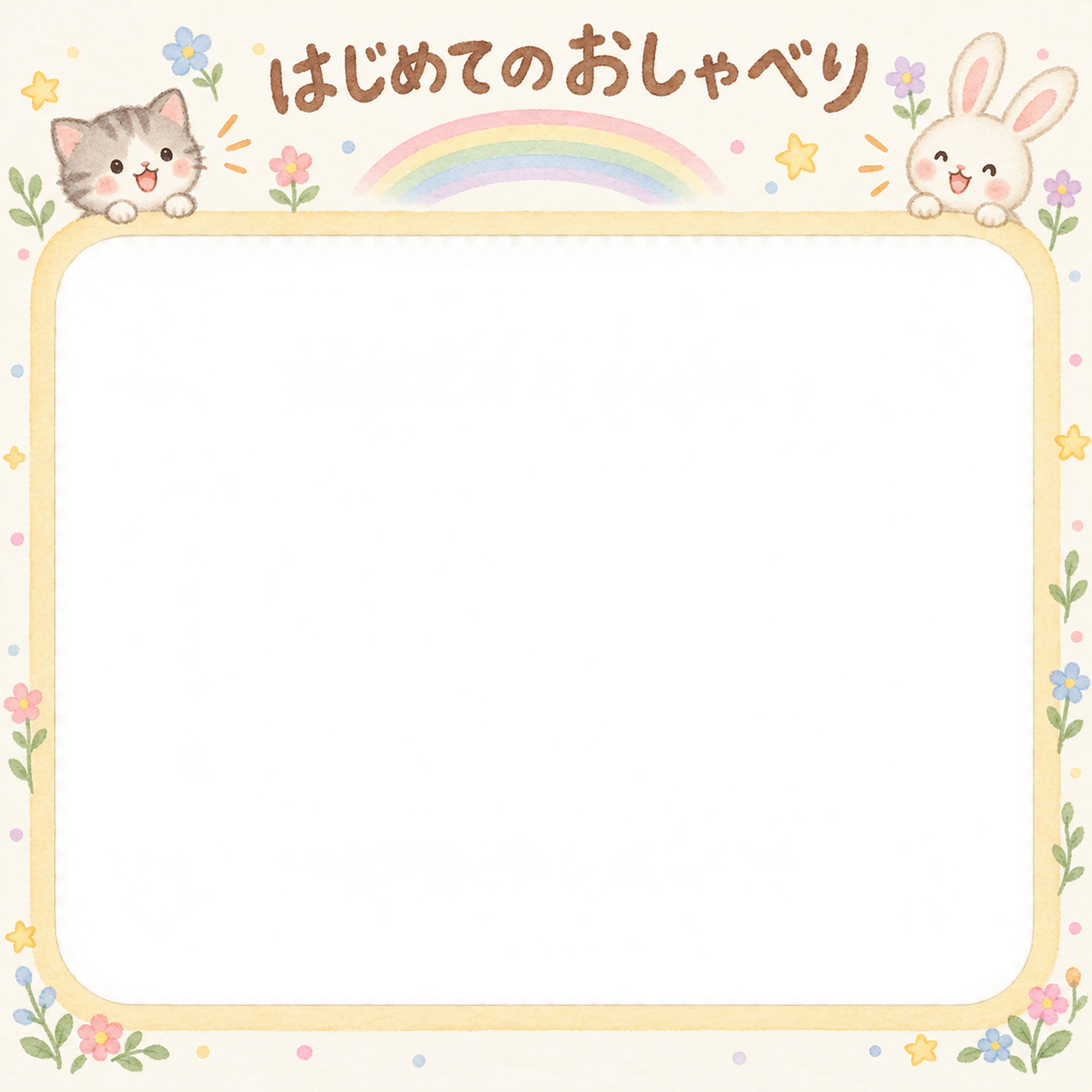赤ちゃんのはじめて記念日写真フレーム｜はじめてのおしゃべり・動物と虹の無料イラスト 101016に写真・文字を入れる