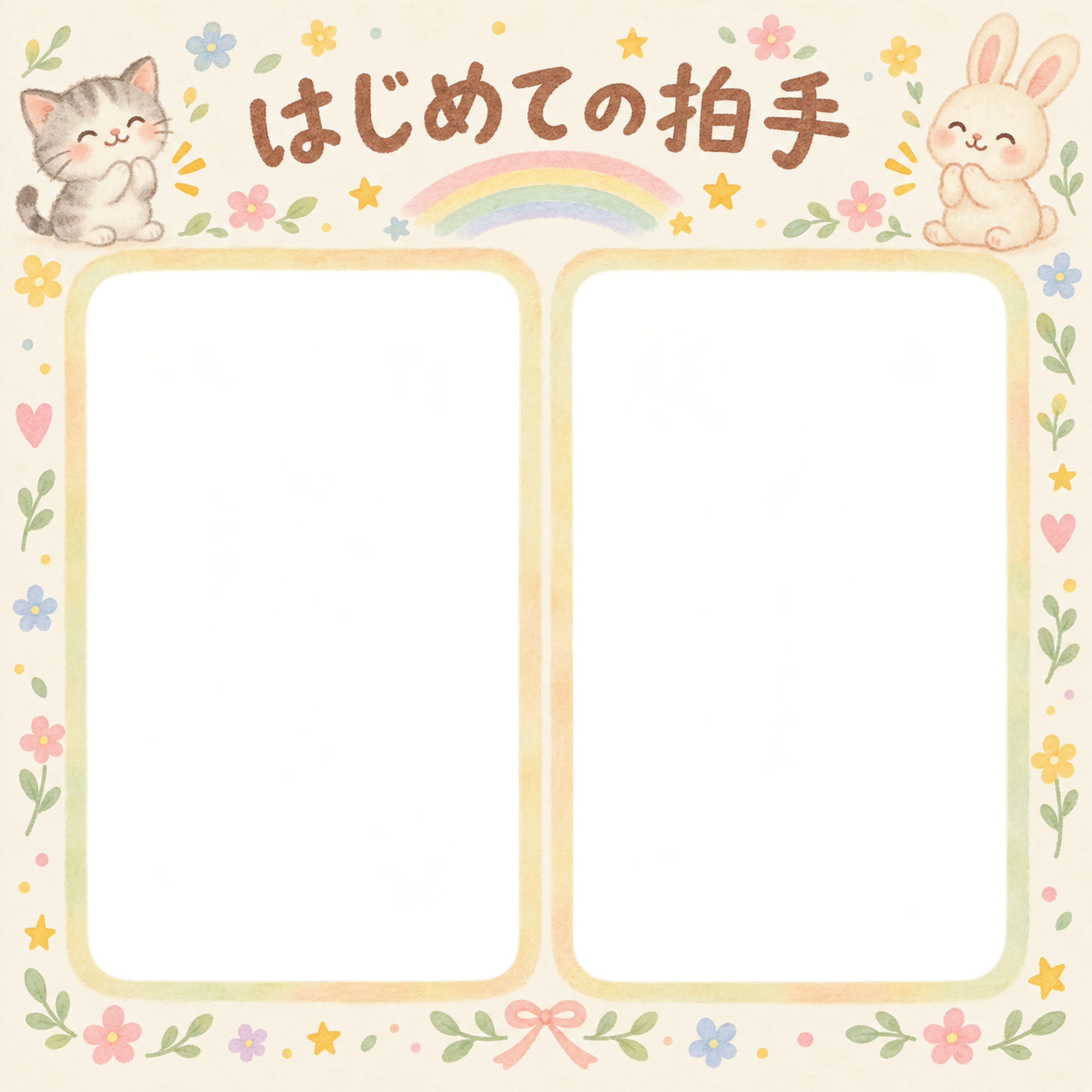 赤ちゃんのはじめて記念日写真フレーム｜はじめての拍手・動物と虹の無料イラスト 101017に写真・文字を入れる