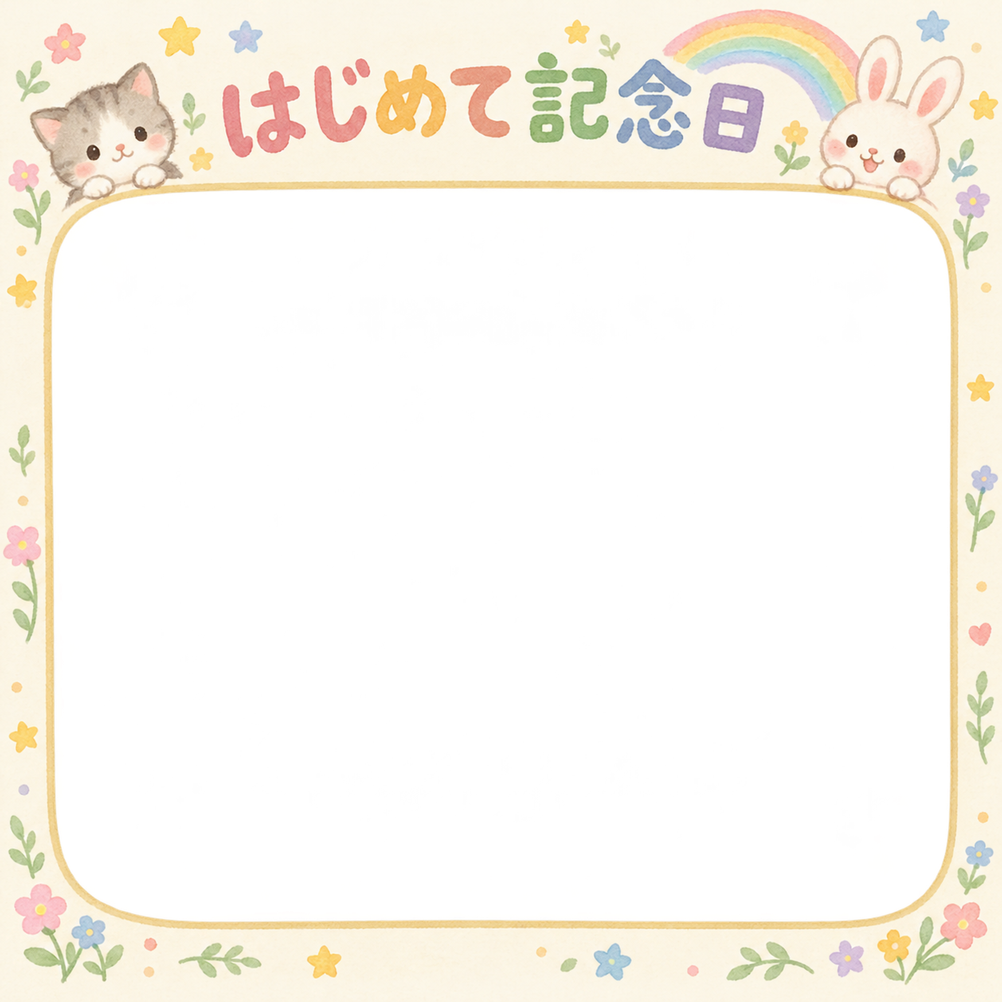 赤ちゃんのはじめて記念日写真フレーム｜はじめて記念日・動物と虹の無料イラスト 101018に写真・文字を入れる