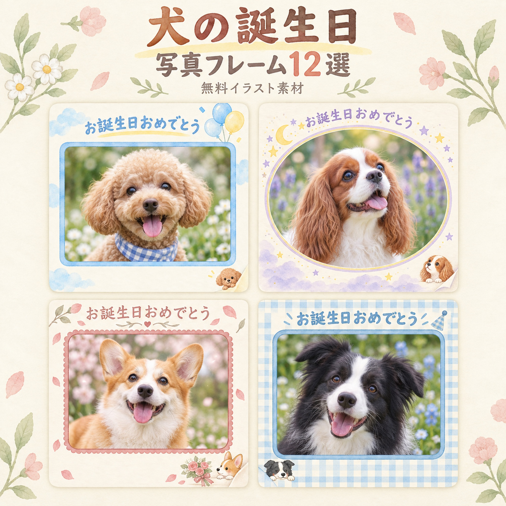 犬の誕生日写真フレーム12選｜彩りのお祝いの無料イラスト素材 101019に写真・文字を入れる