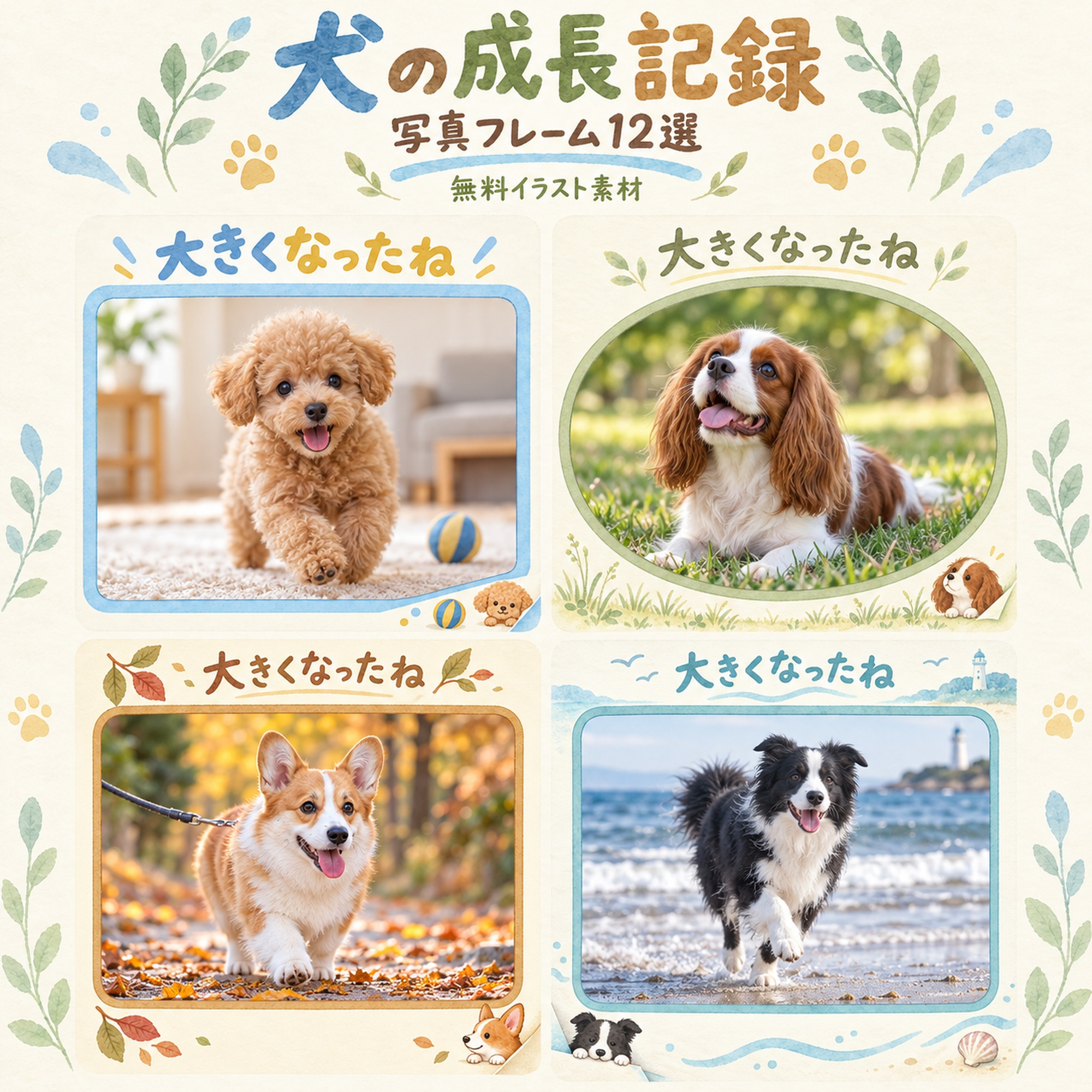 犬の成長記録写真フレーム12選｜日々の成長アルバムの無料イラスト素材 101045に写真・文字を入れる