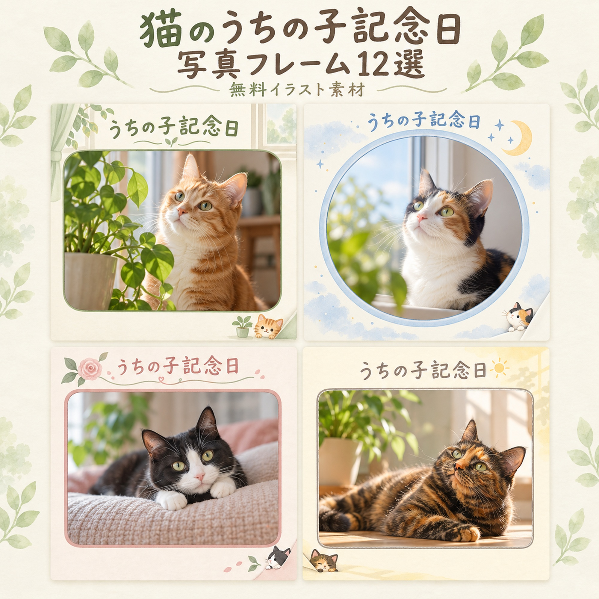 猫のうちの子記念日写真フレーム12選｜やさしい思い出の無料イラスト素材 101071に写真・文字を入れる