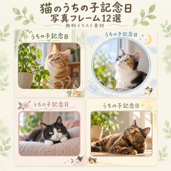 猫のうちの子記念日写真フレーム12選｜やさしい思い出の無料イラスト素材 101071