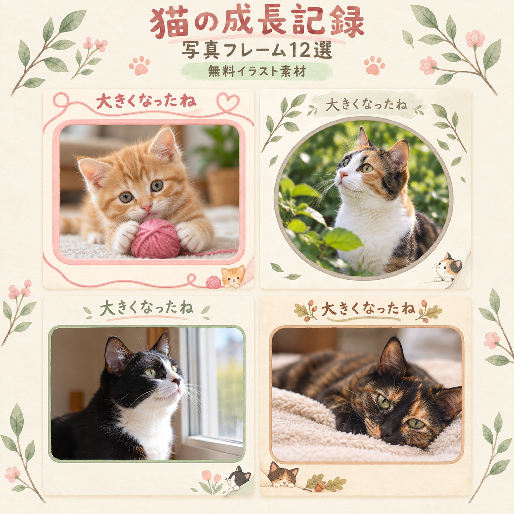 猫の成長記録写真フレーム12選｜日々の成長アルバムの無料イラスト素材 101084に写真・文字を入れる