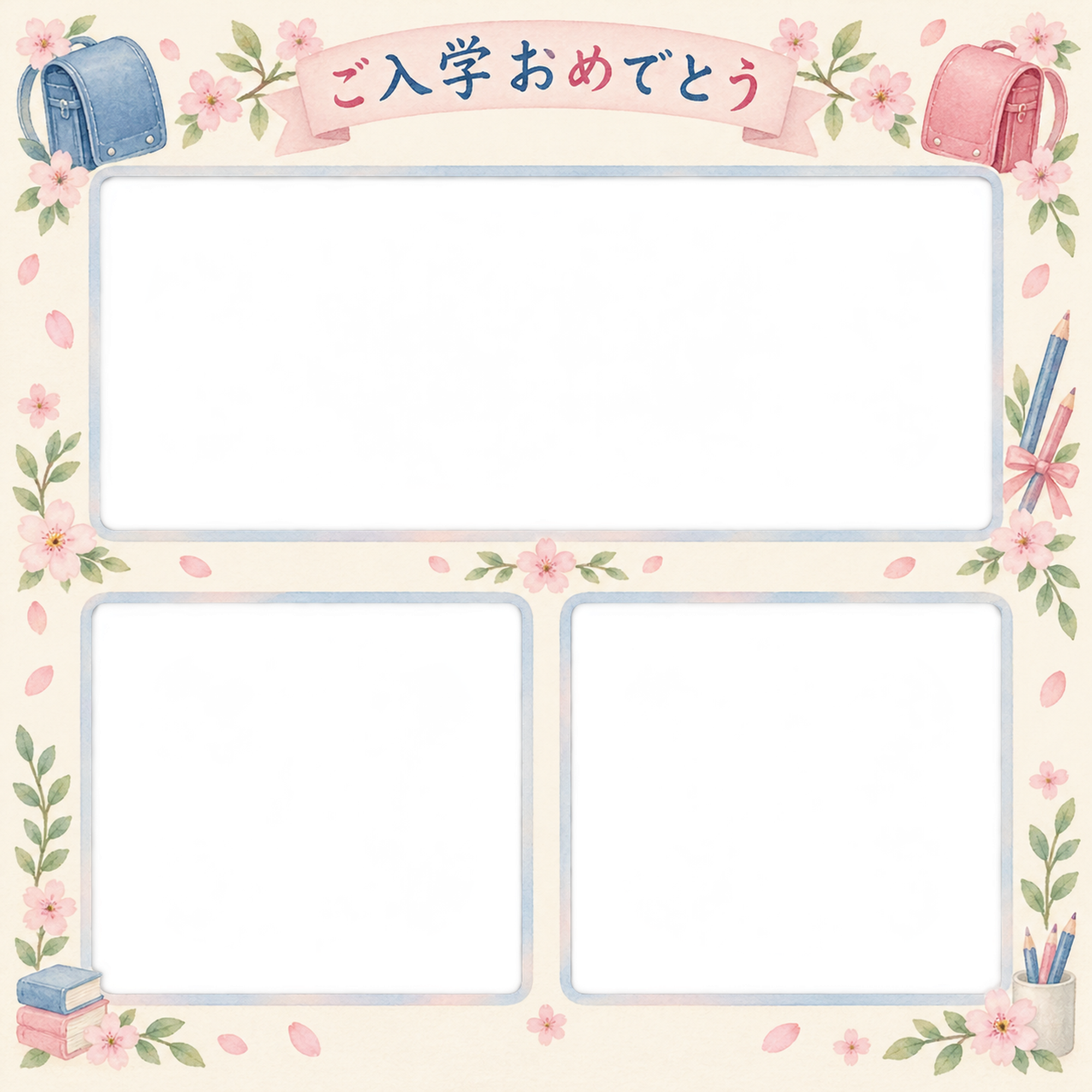 入学写真フレーム｜三つの思い出アルバムの無料イラスト 101118に写真・文字を入れる