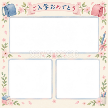 入学写真フレーム｜三つの思い出アルバムの無料イラスト 101118