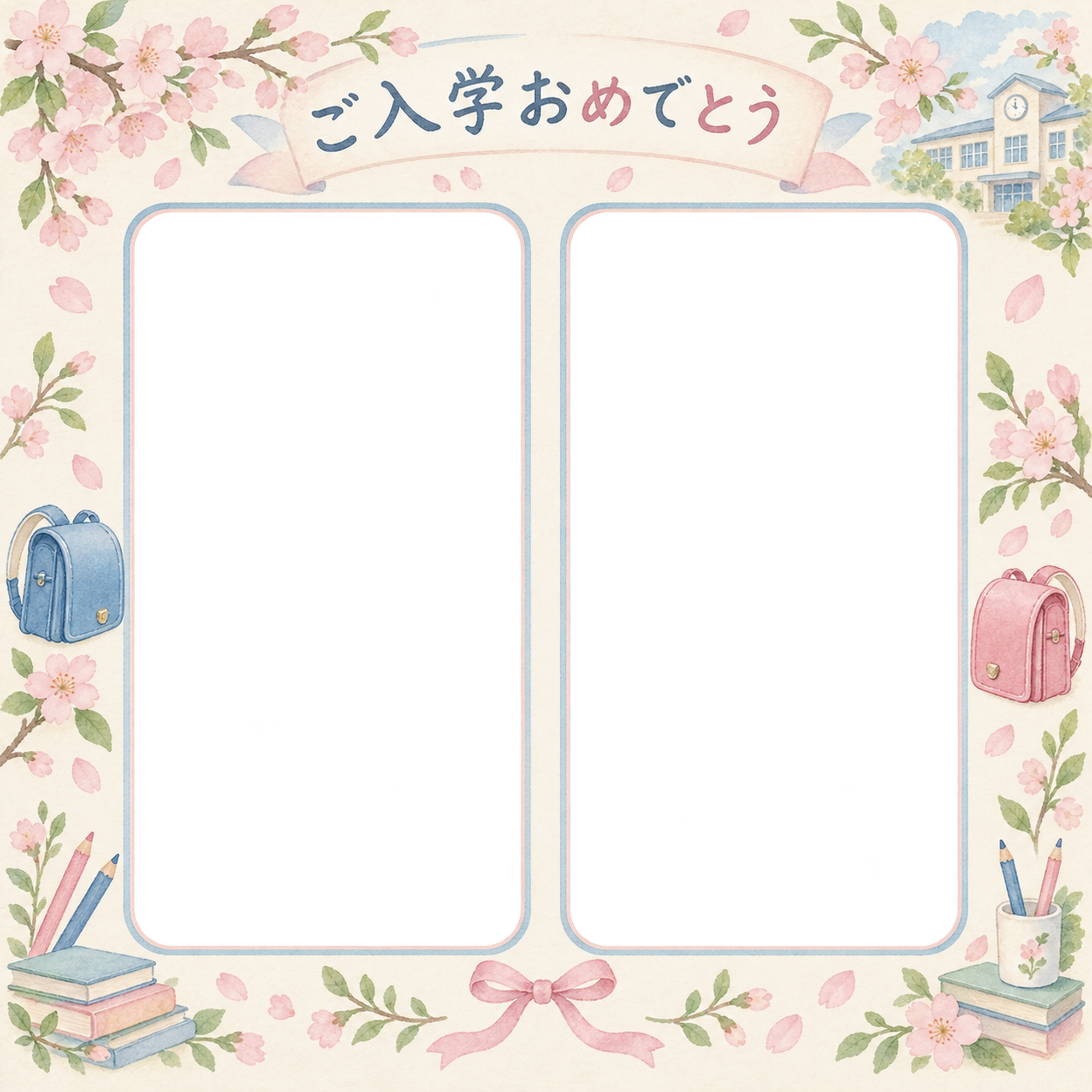 入学写真フレーム｜並んだ記念写真の無料イラスト 101121に写真・文字を入れる