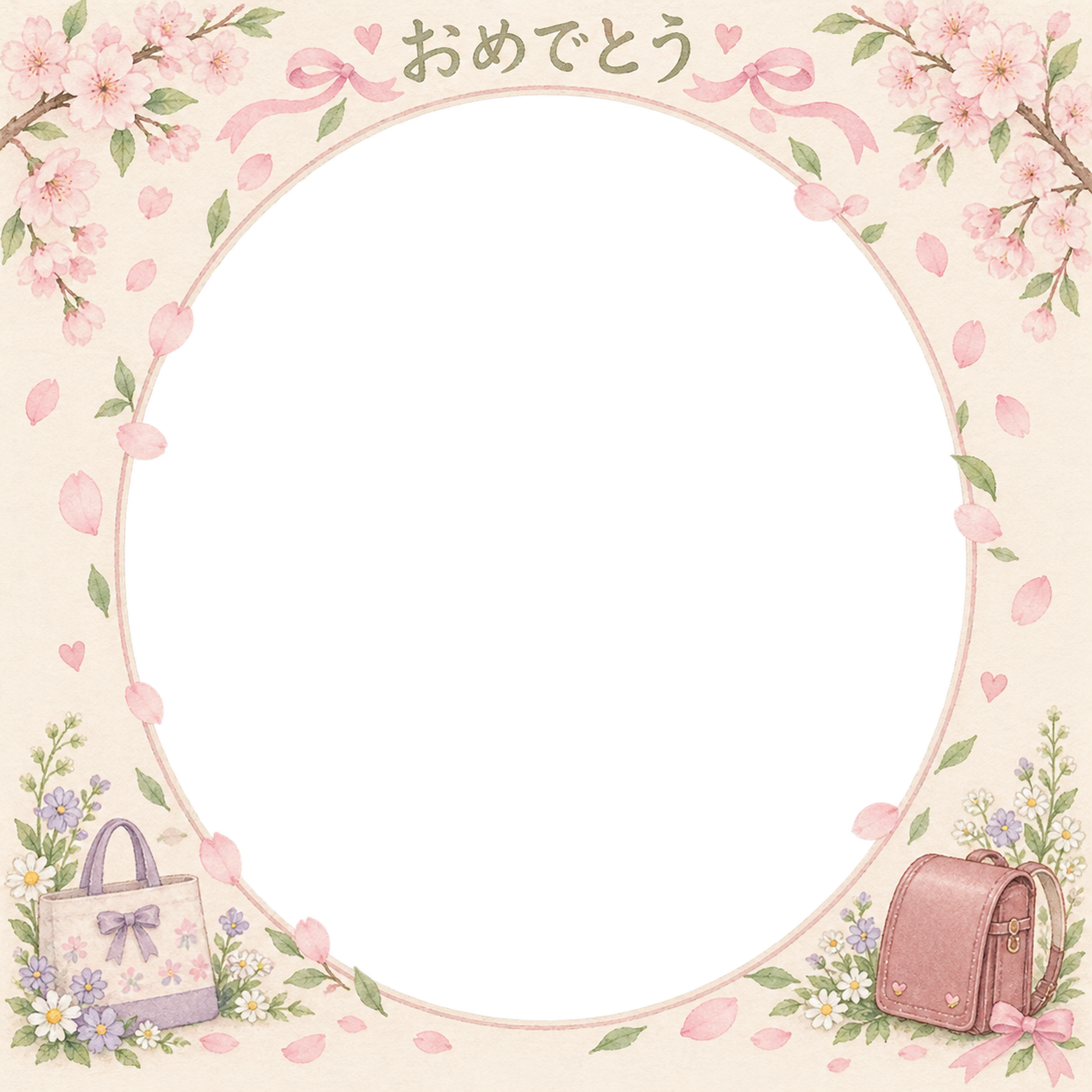 入園・入学の家族写真フレーム｜桜と花びらの楕円の無料イラスト 101126に写真・文字を入れる