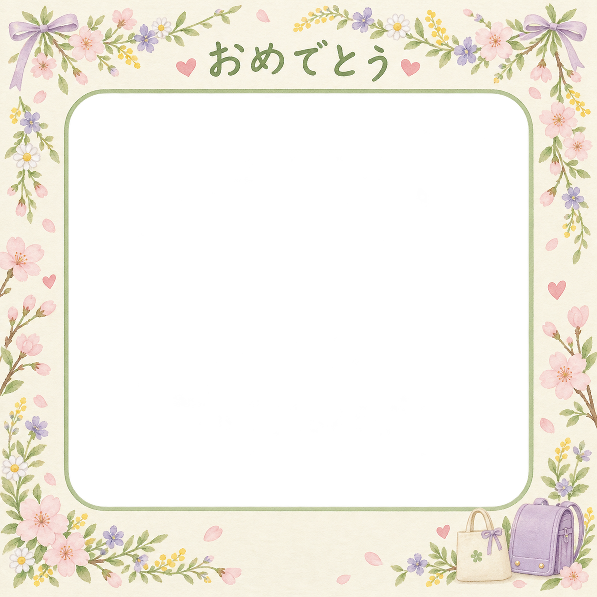 入園・入学の家族写真フレーム｜小花のガーランドの無料イラスト 101127に写真・文字を入れる