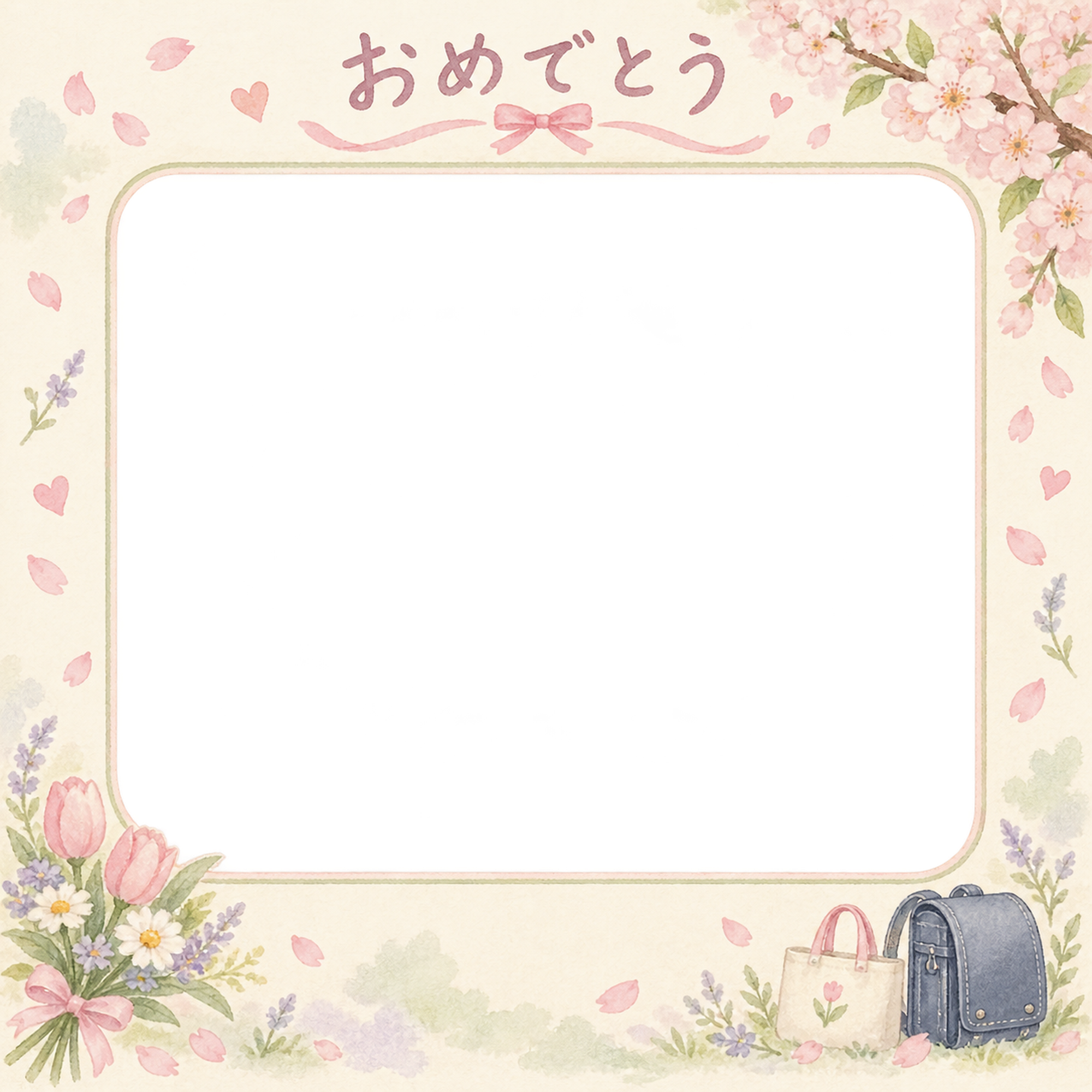 入園・入学の家族写真フレーム｜春の花束とやさしい光の無料イラスト 101130に写真・文字を入れる