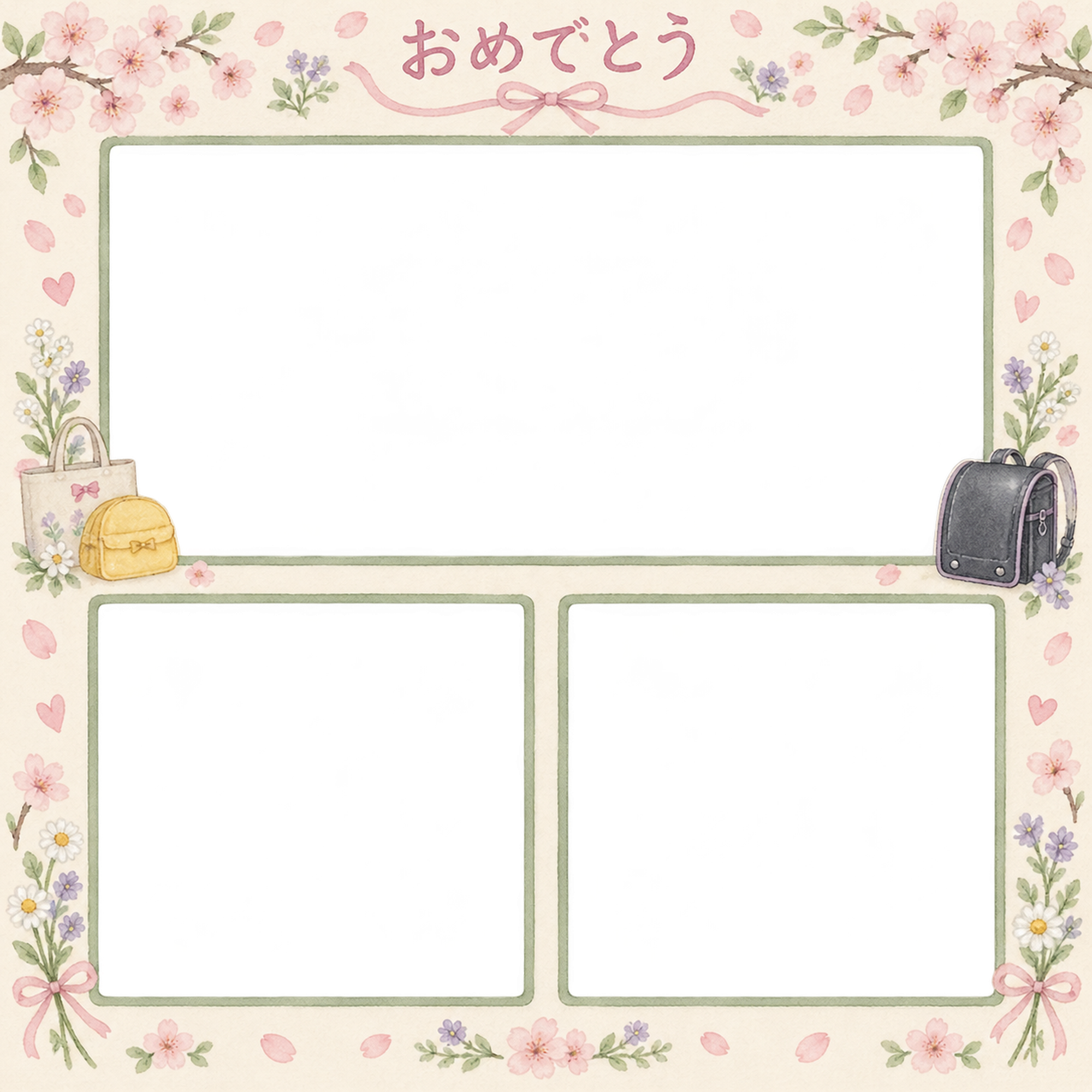 入園・入学の家族写真フレーム｜三つの思い出アルバムの無料イラスト 101131に写真・文字を入れる