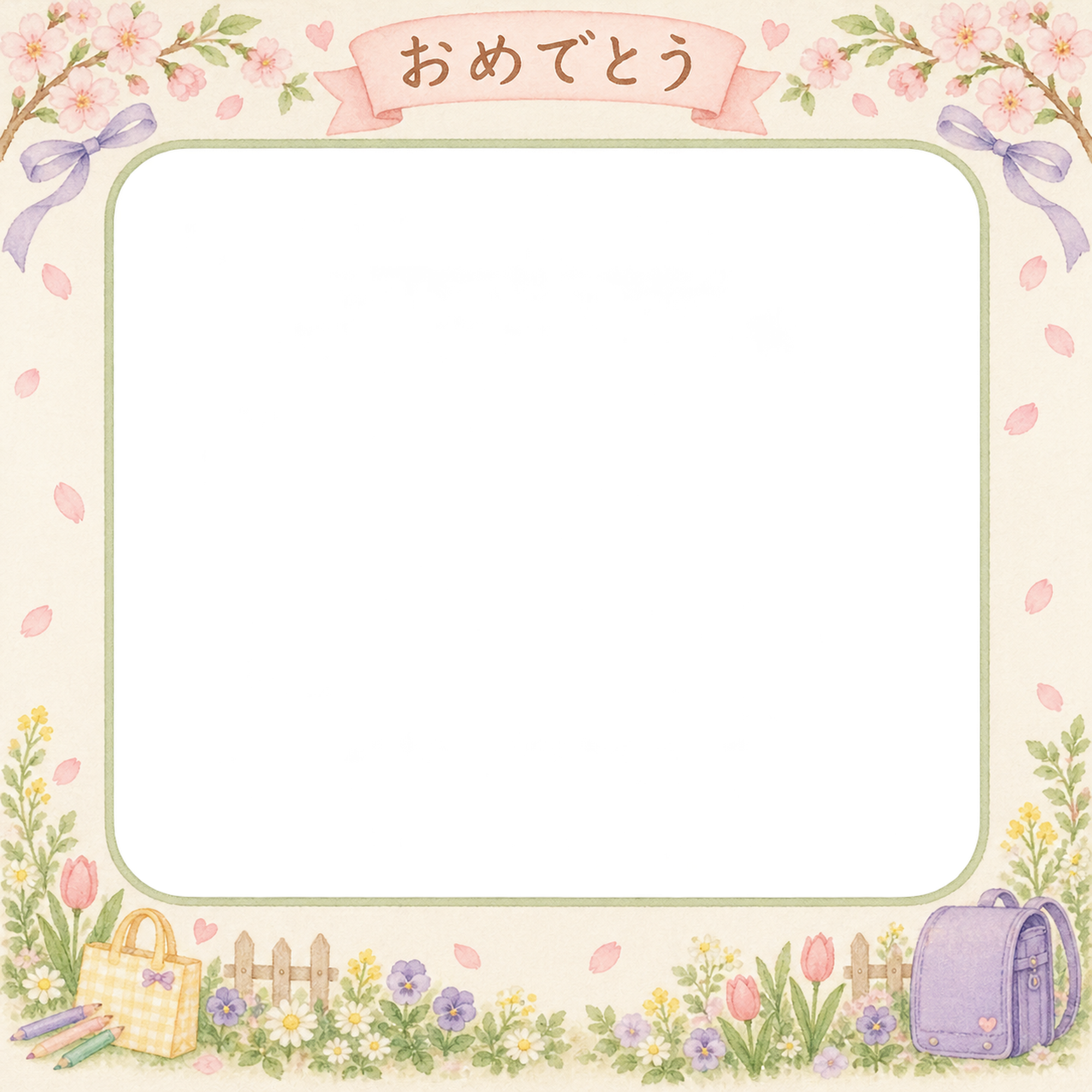 入園・入学の家族写真フレーム｜通学の小物と春の庭の無料イラスト 101133に写真・文字を入れる