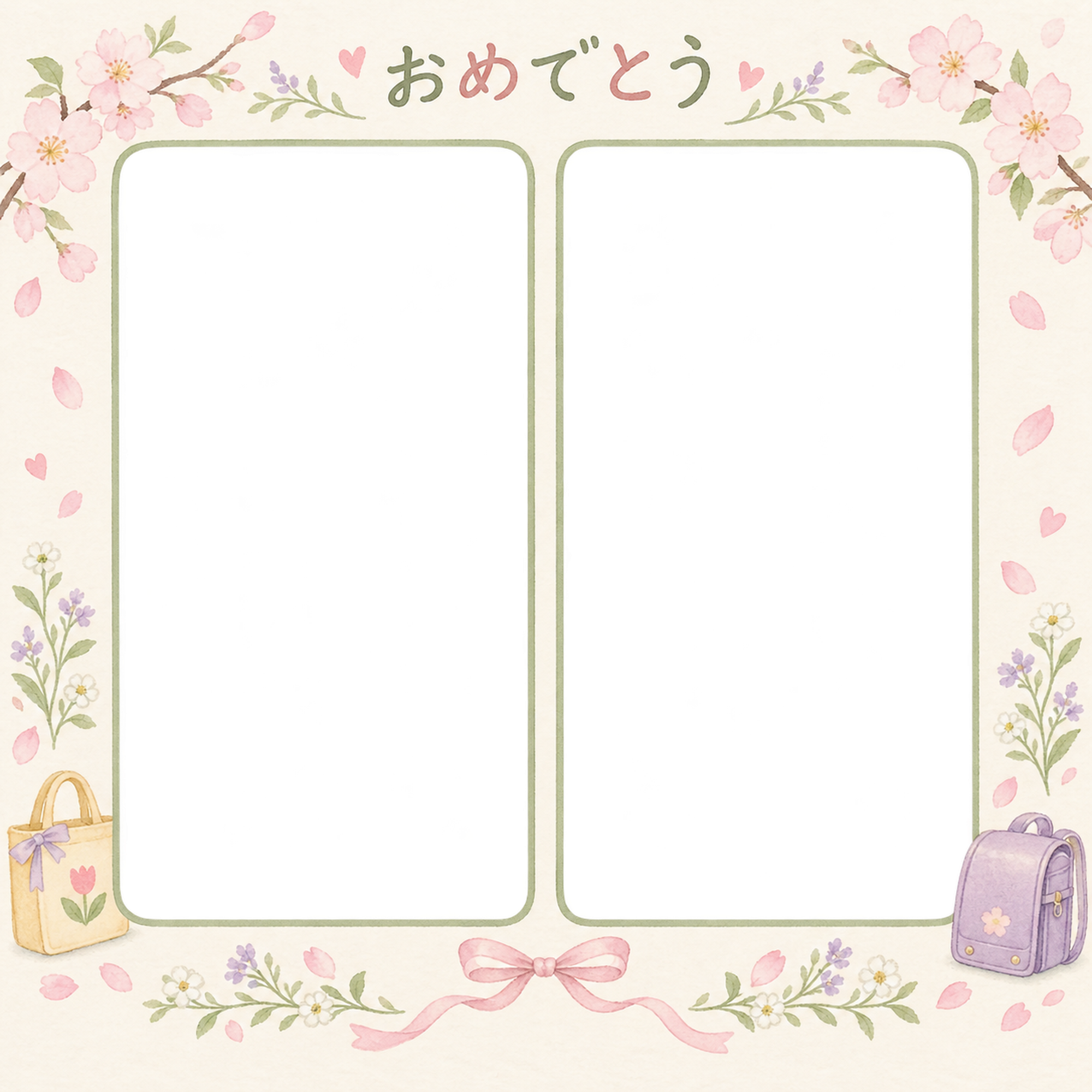 入園・入学の家族写真フレーム｜並んだ記念写真の無料イラスト 101134に写真・文字を入れる