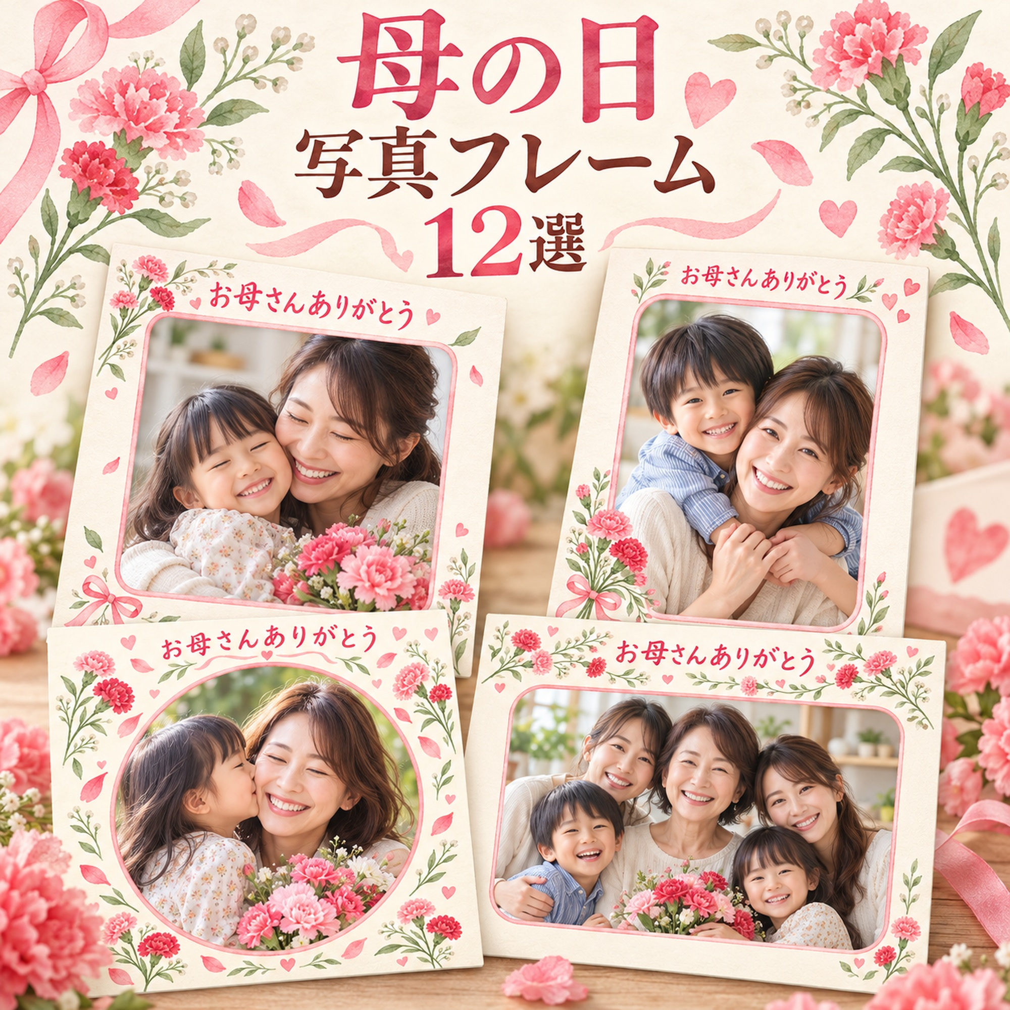 母の日写真フレーム12選｜カーネーションと感謝の花の無料イラスト素材 101136に写真・文字を入れる