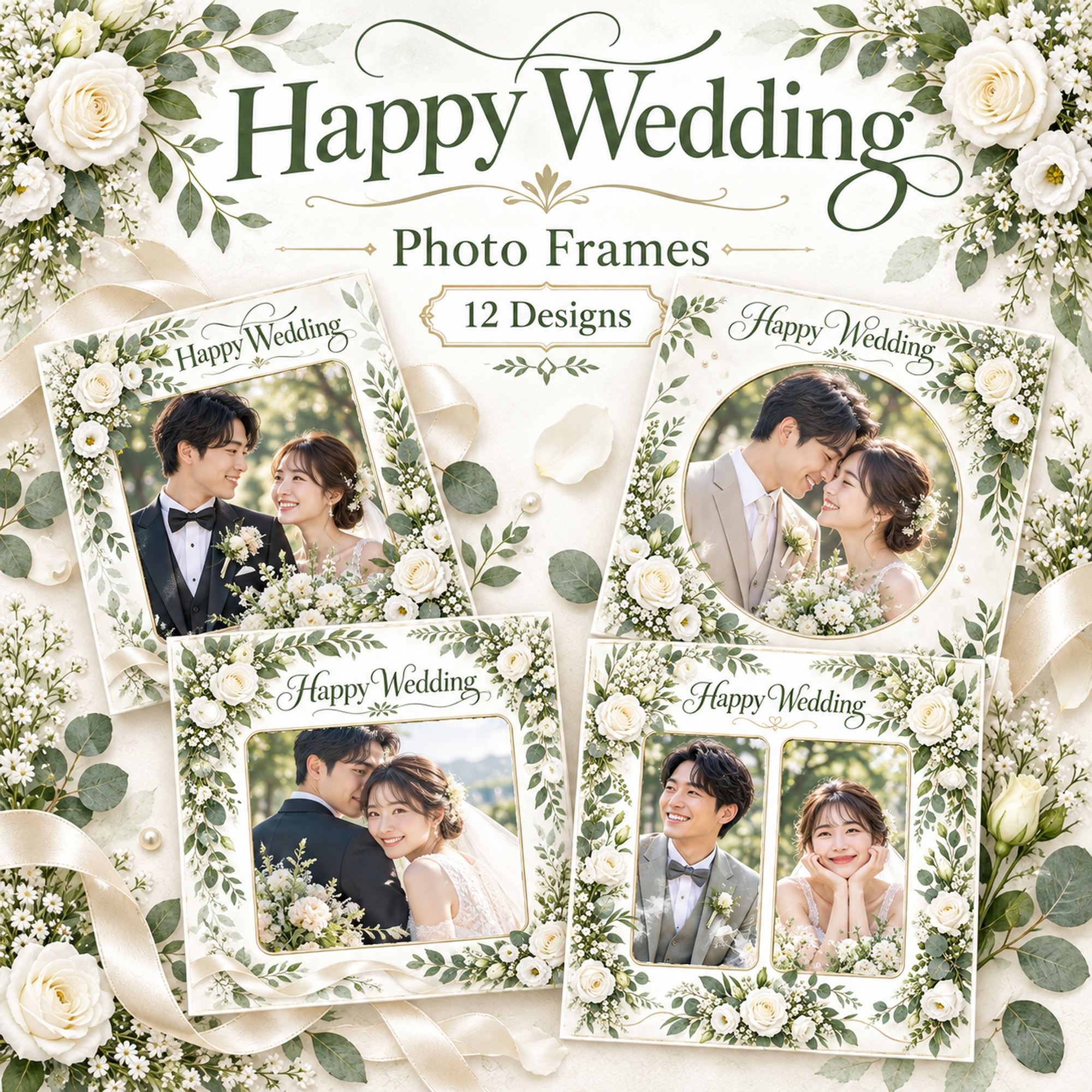 結婚報告写真フレーム12選｜白いバラとグリーンの祝福の無料イラスト素材 101175に写真・文字を入れる