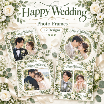結婚報告写真フレーム12選｜白いバラとグリーンの祝福の無料イラスト素材 101175