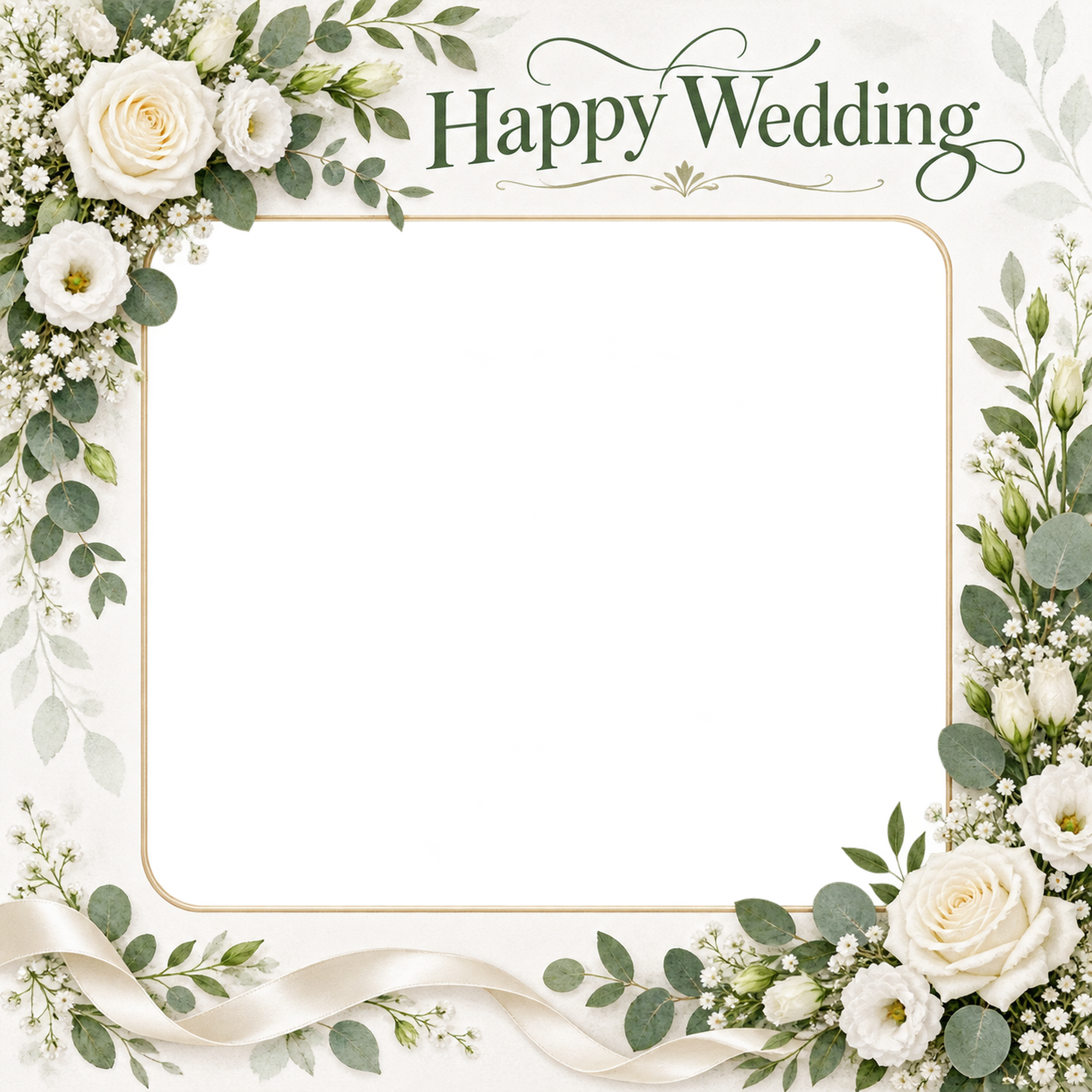 結婚報告写真フレーム｜白いバラ・花の角飾りと細いリボンの無料イラスト 101176に写真・文字を入れる
