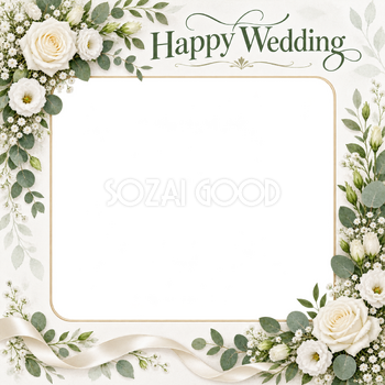 結婚報告写真フレーム｜白いバラ・花の角飾りと細いリボンの無料イラスト 101176