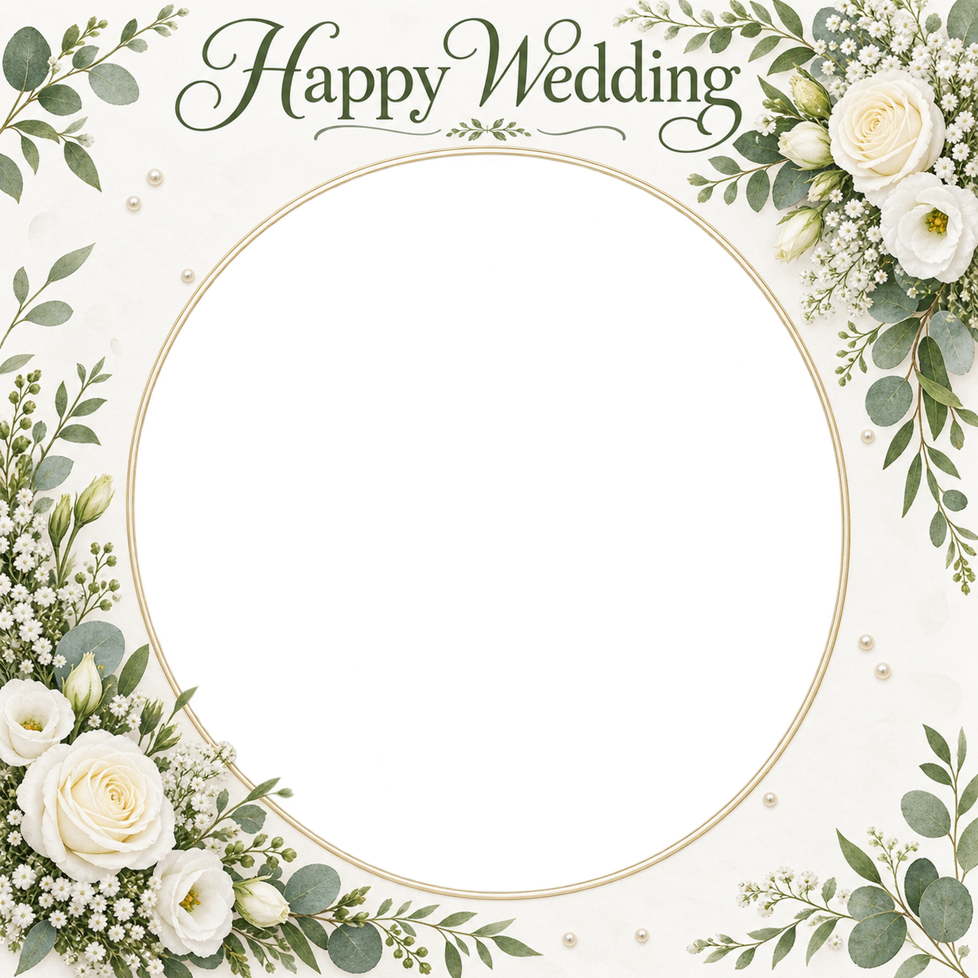 結婚報告写真フレーム｜白いバラ・花と小さな真珠の楕円の無料イラスト 101178に写真・文字を入れる