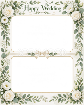 結婚報告写真フレーム｜白いバラ・上下に残すふたりの思い出の無料イラスト 101181