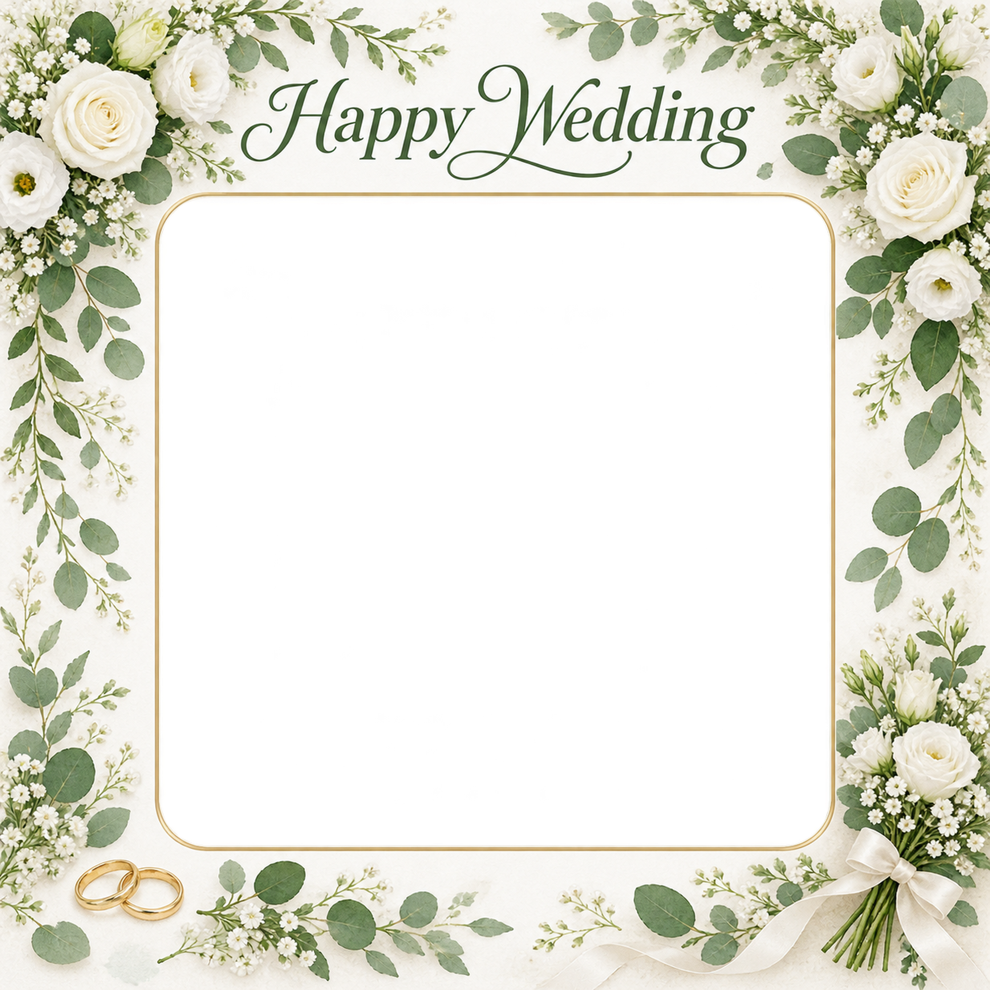 結婚報告写真フレーム｜白いバラ・花束と小さな指輪の無料イラスト 101182に写真・文字を入れる
